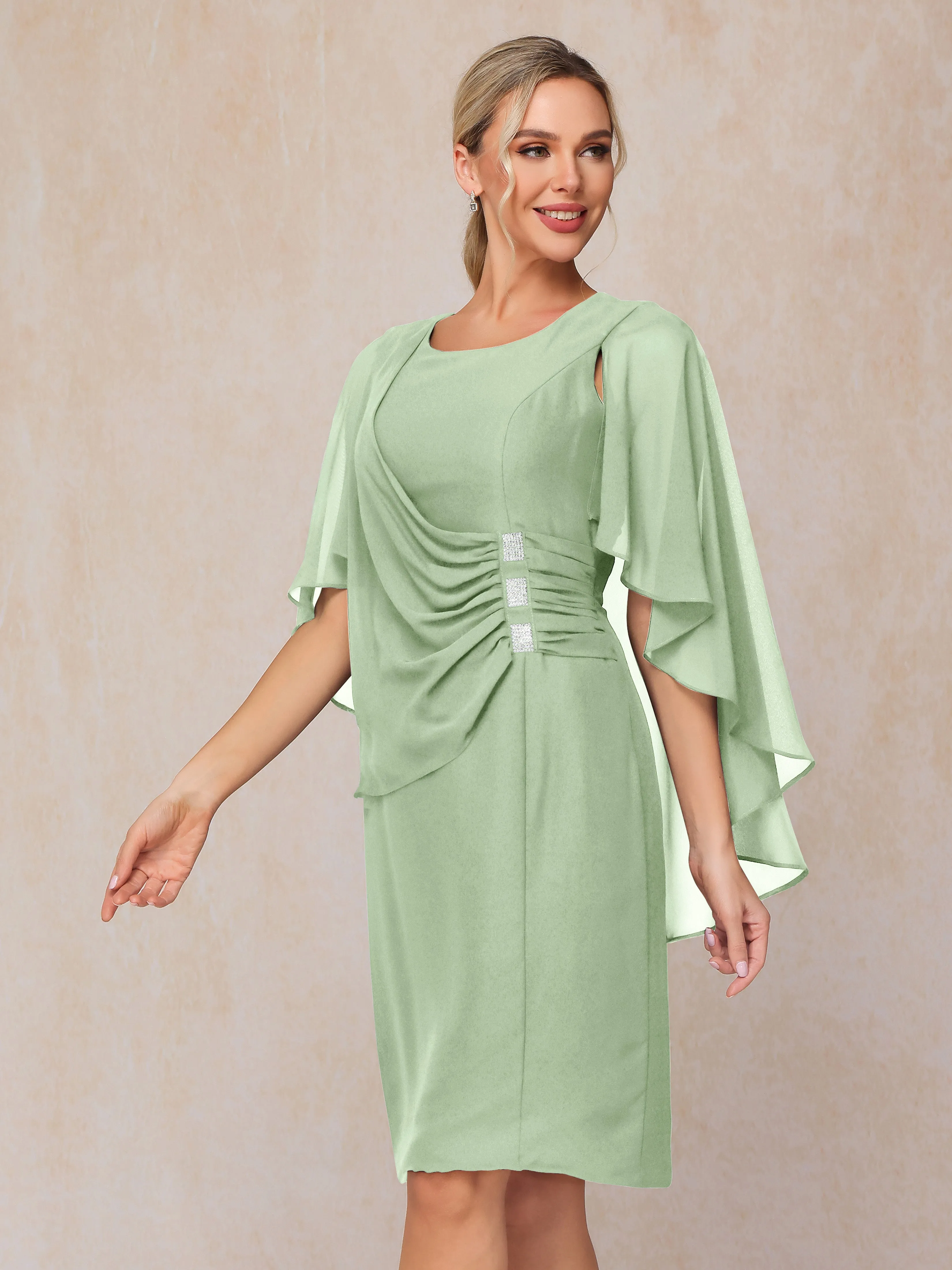 3/4 Length Sleeves Knee Length Chiffon Mother of the Bride Dresses With Pleats