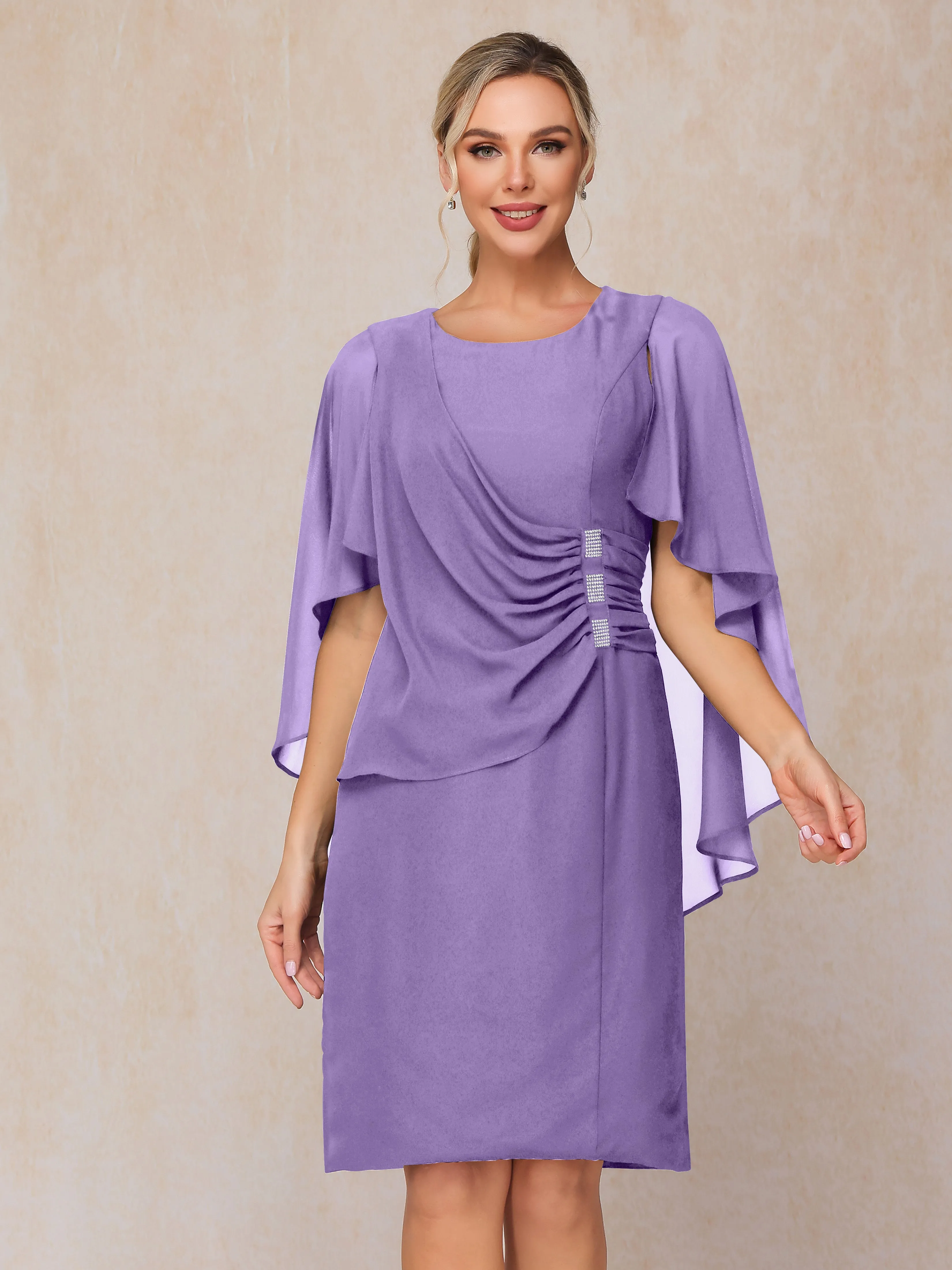 3/4 Length Sleeves Knee Length Chiffon Mother of the Bride Dresses With Pleats