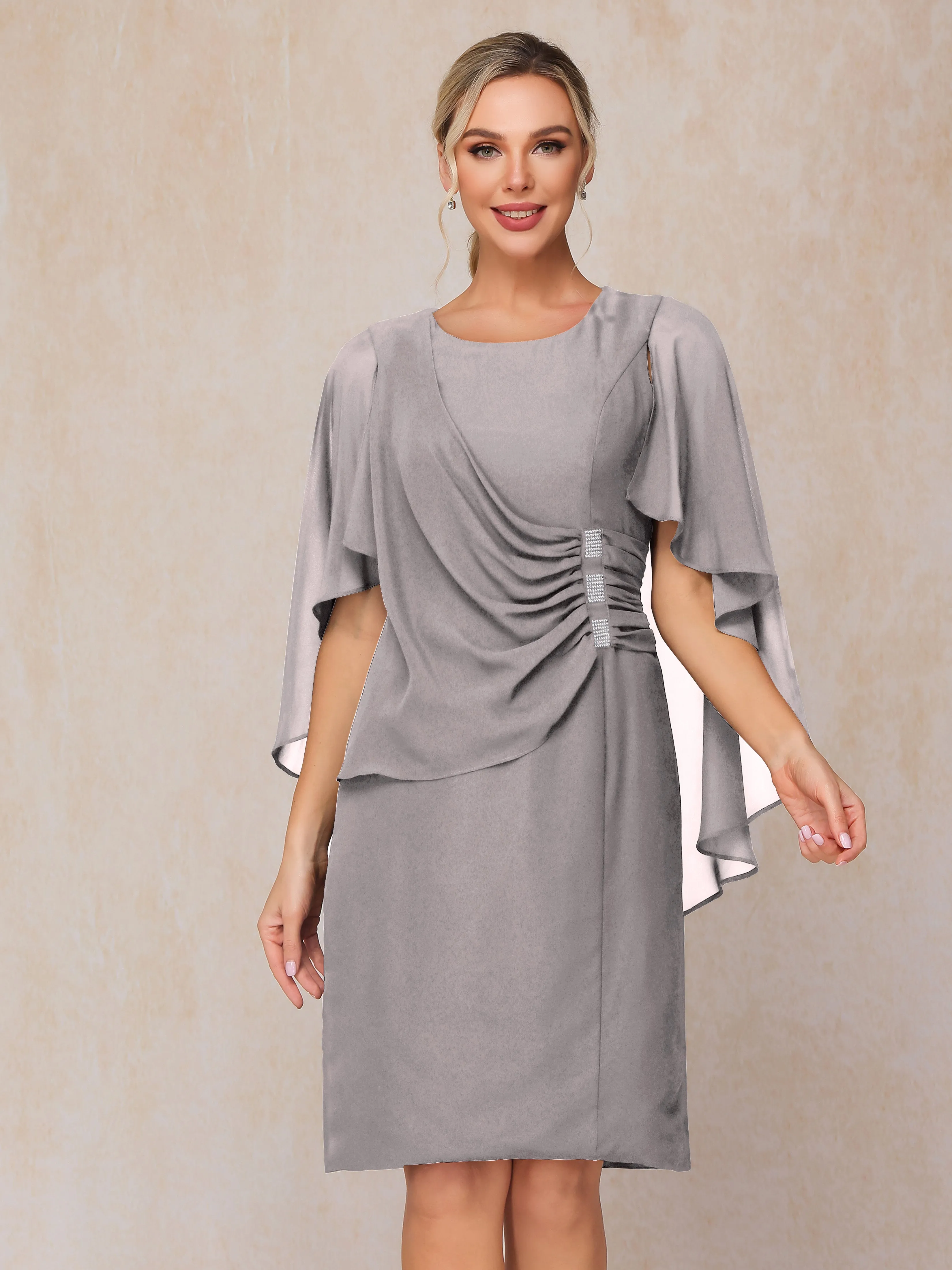 3/4 Length Sleeves Knee Length Chiffon Mother of the Bride Dresses With Pleats