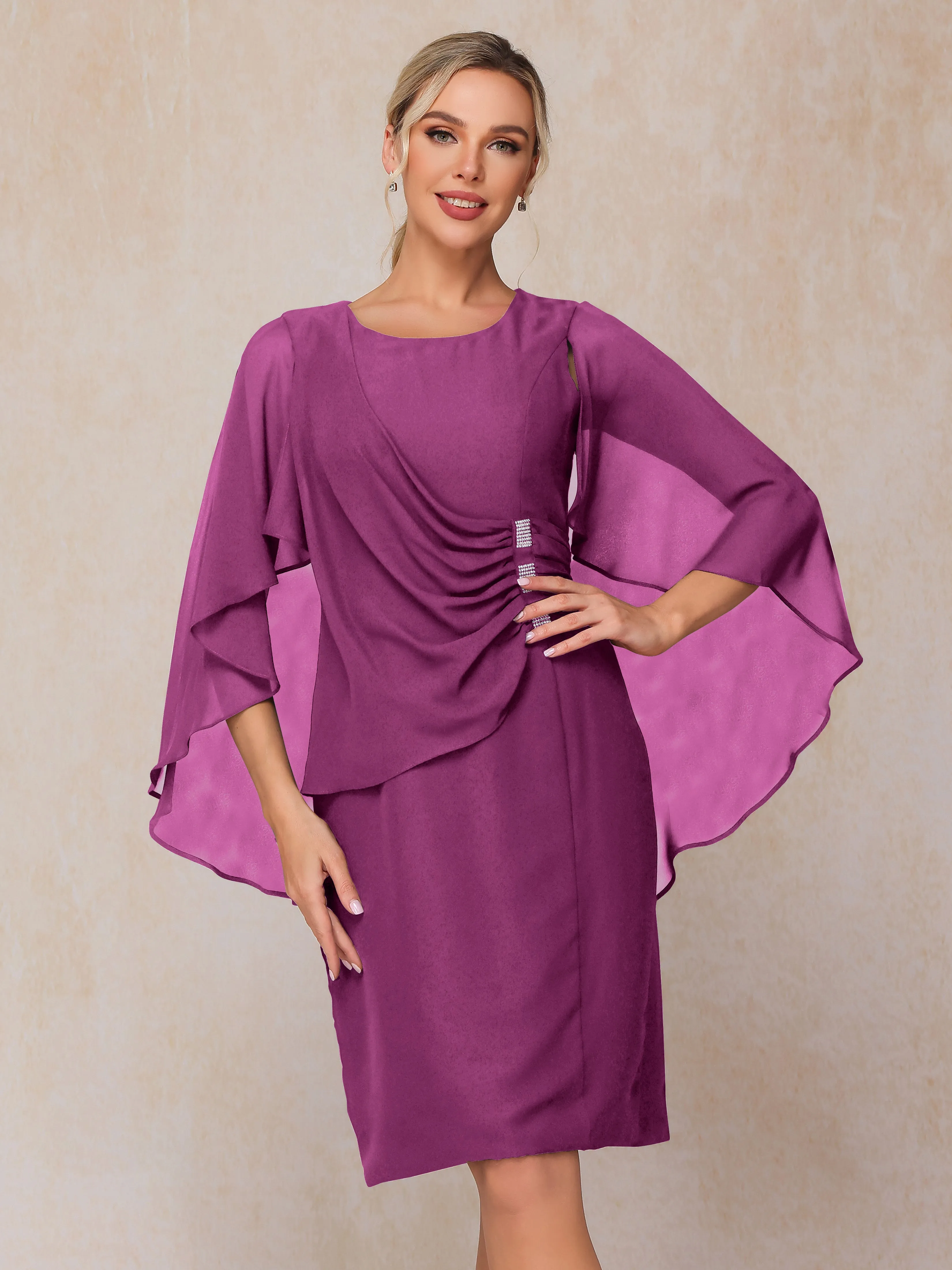 3/4 Length Sleeves Knee Length Chiffon Mother of the Bride Dresses With Pleats