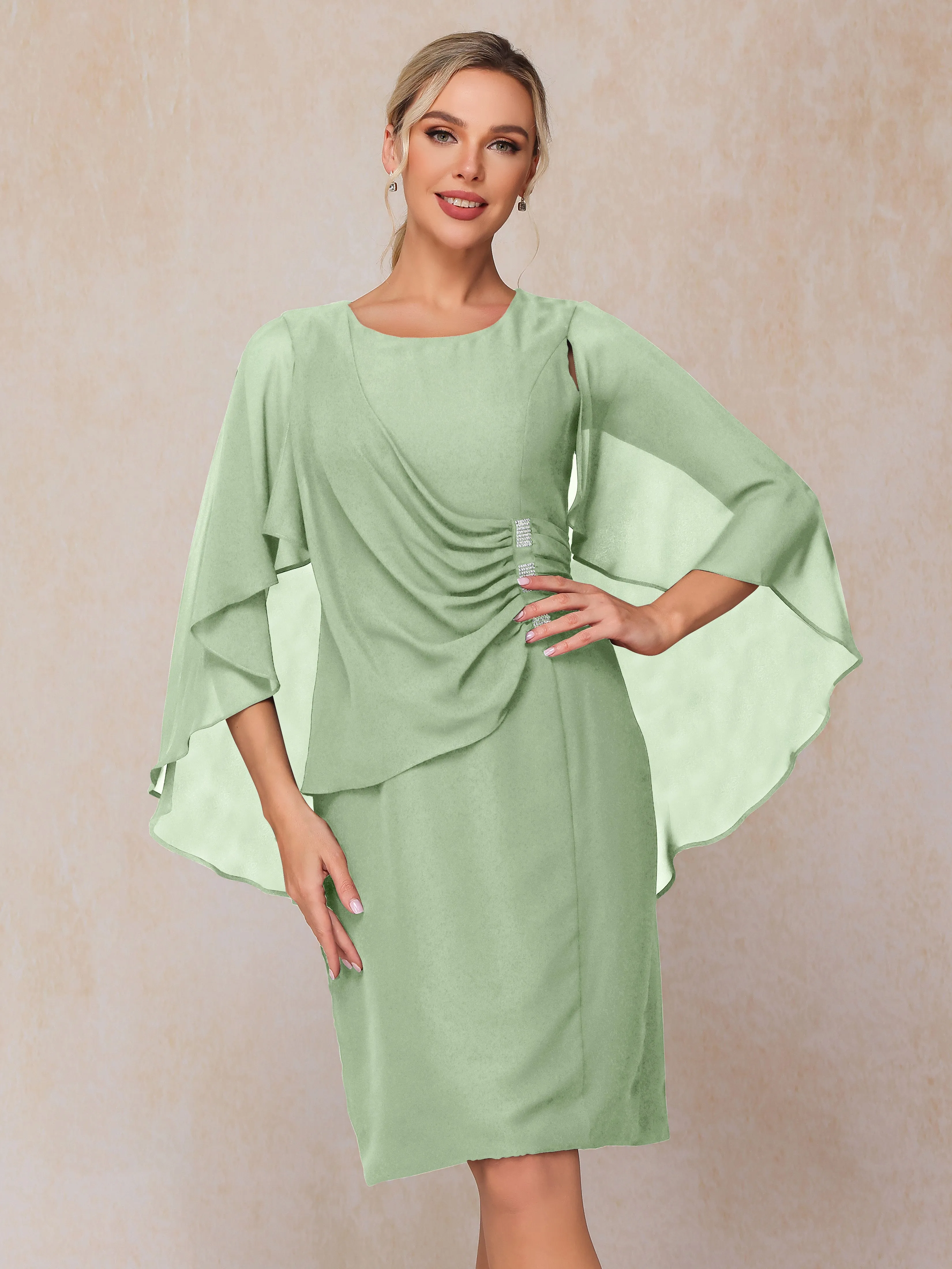 3/4 Length Sleeves Knee Length Chiffon Mother of the Bride Dresses With Pleats