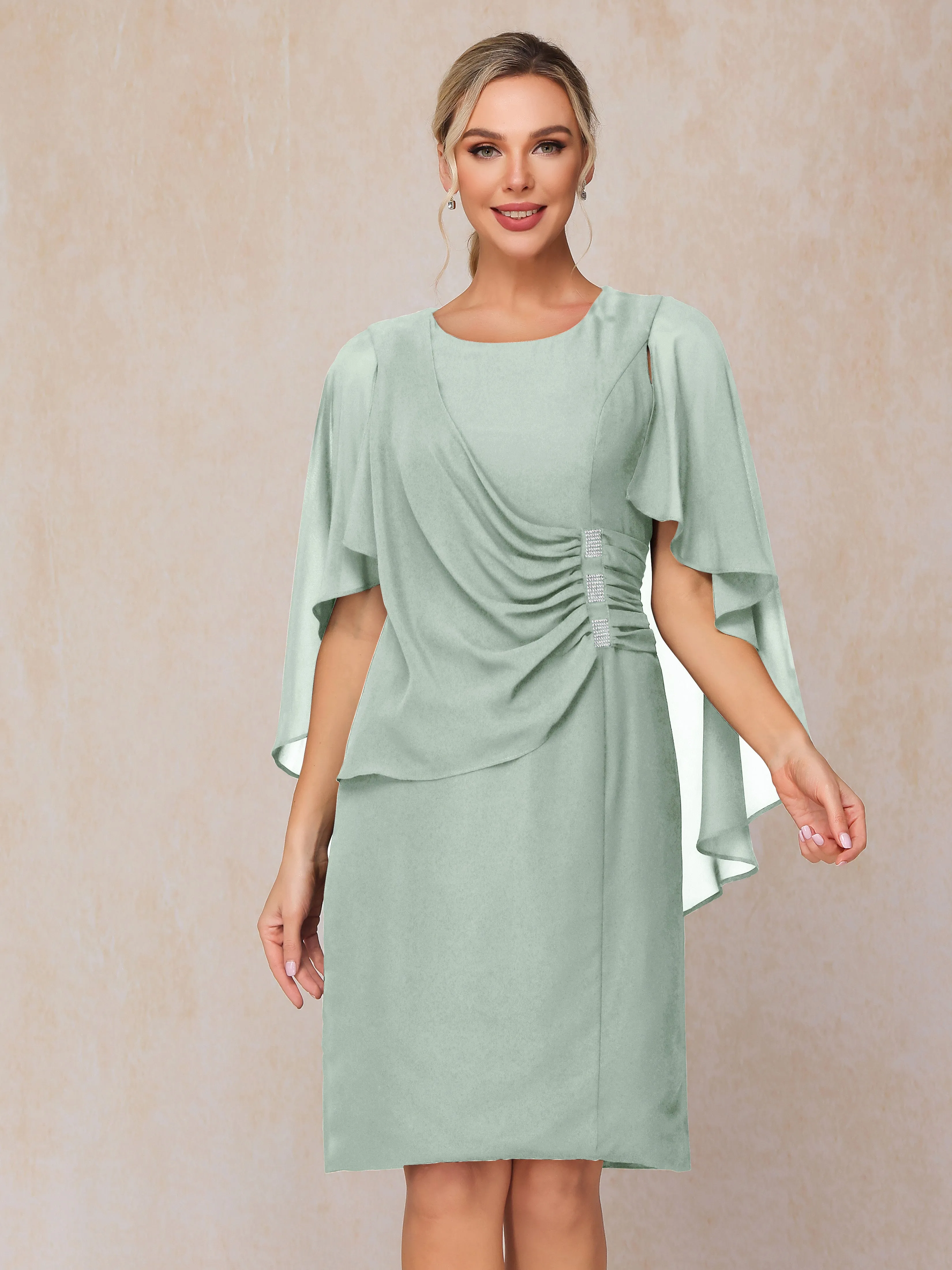 3/4 Length Sleeves Knee Length Chiffon Mother of the Bride Dresses With Pleats