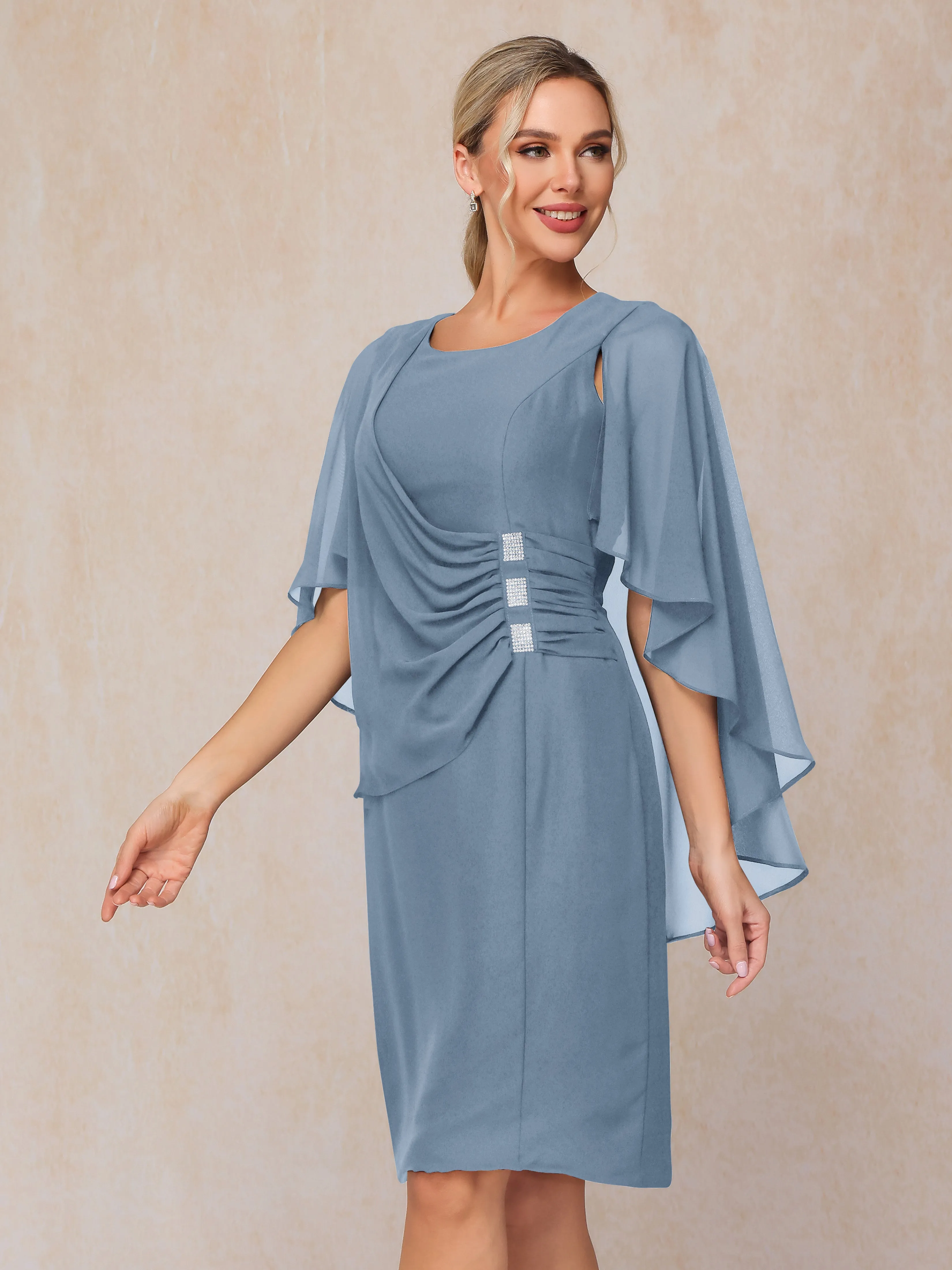 3/4 Length Sleeves Knee Length Chiffon Mother of the Bride Dresses With Pleats