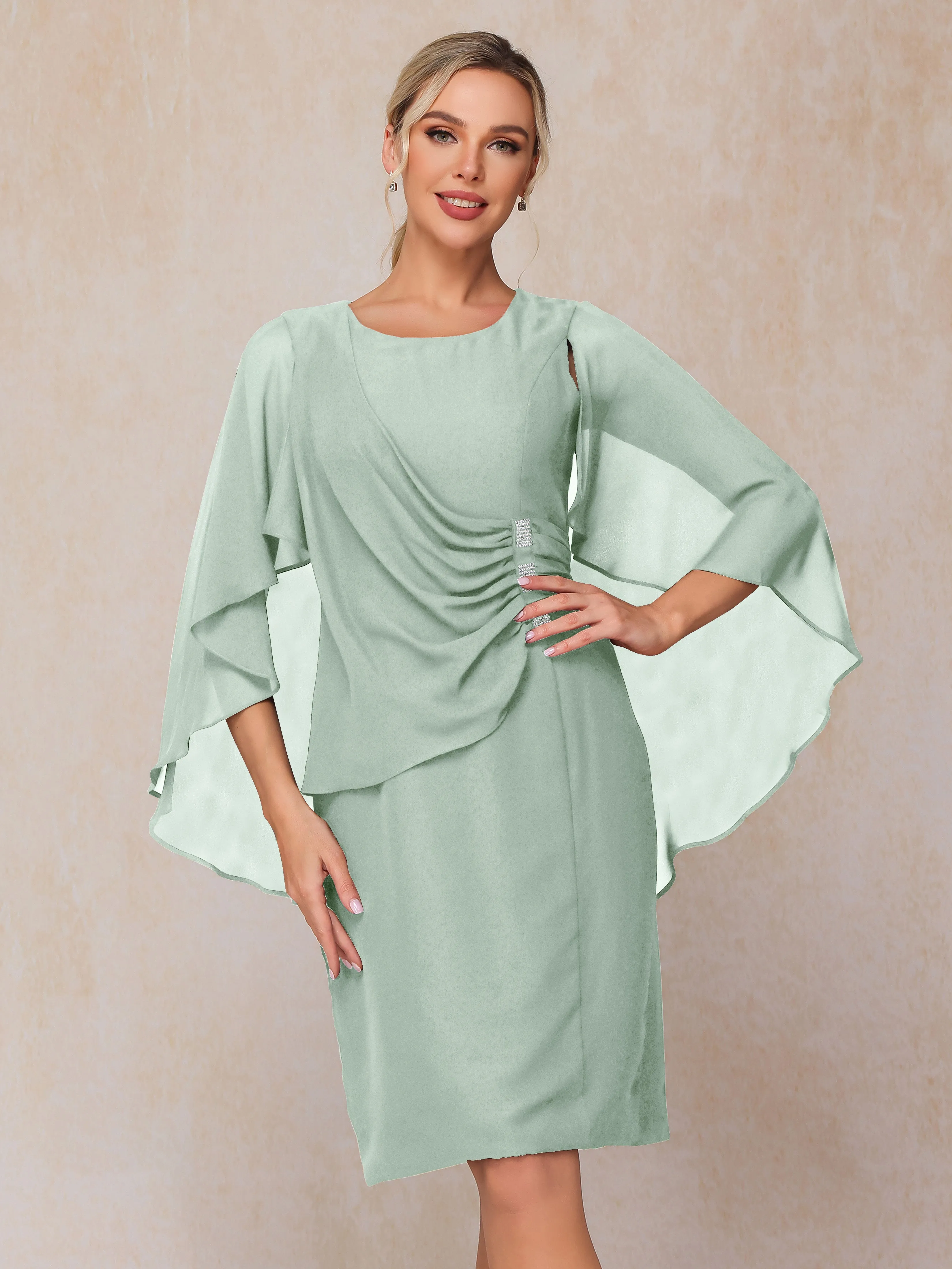 3/4 Length Sleeves Knee Length Chiffon Mother of the Bride Dresses With Pleats