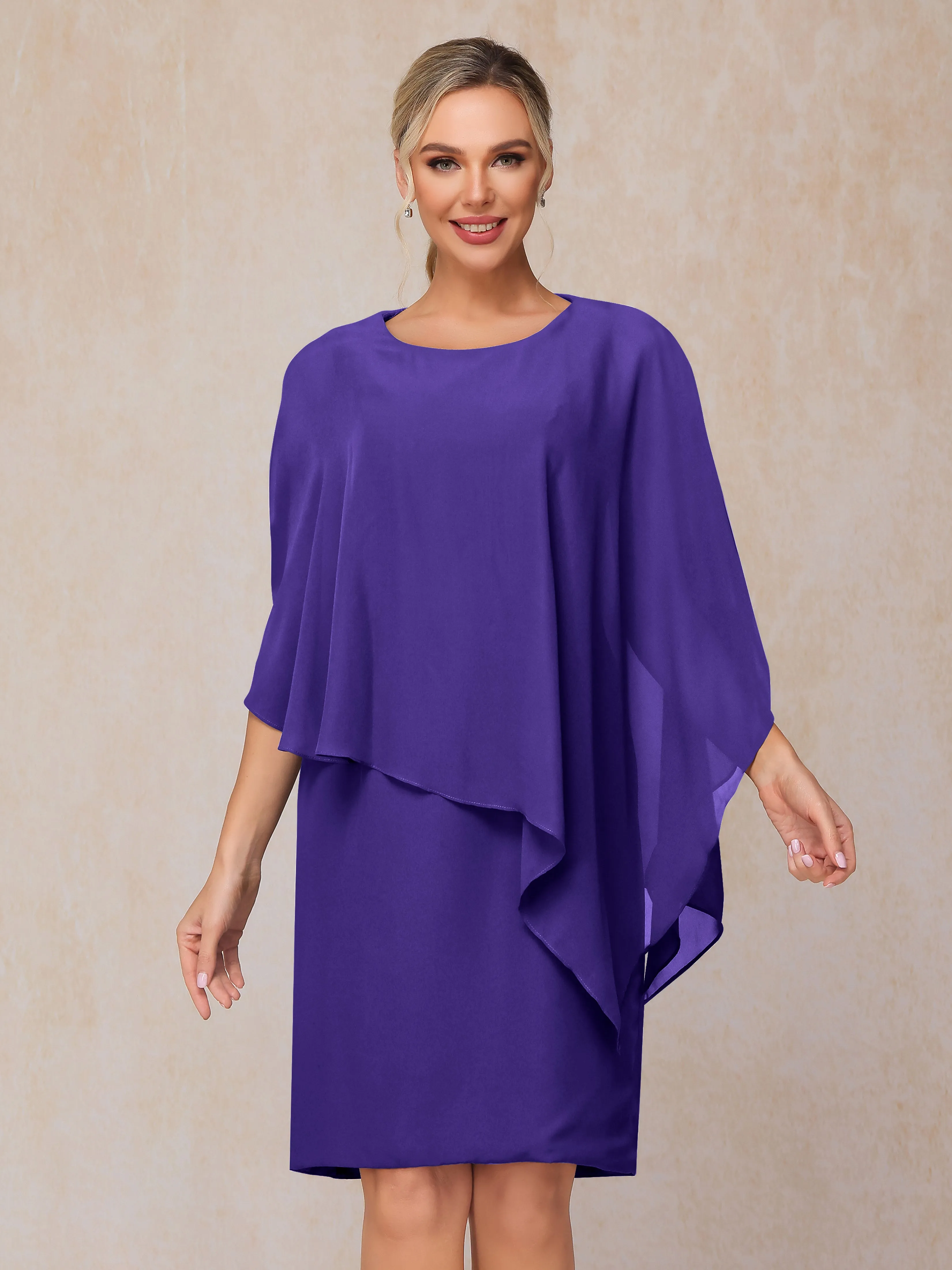 3/4 Length Sleeves Knee Length Chiffon Mother of the Bride Dresses