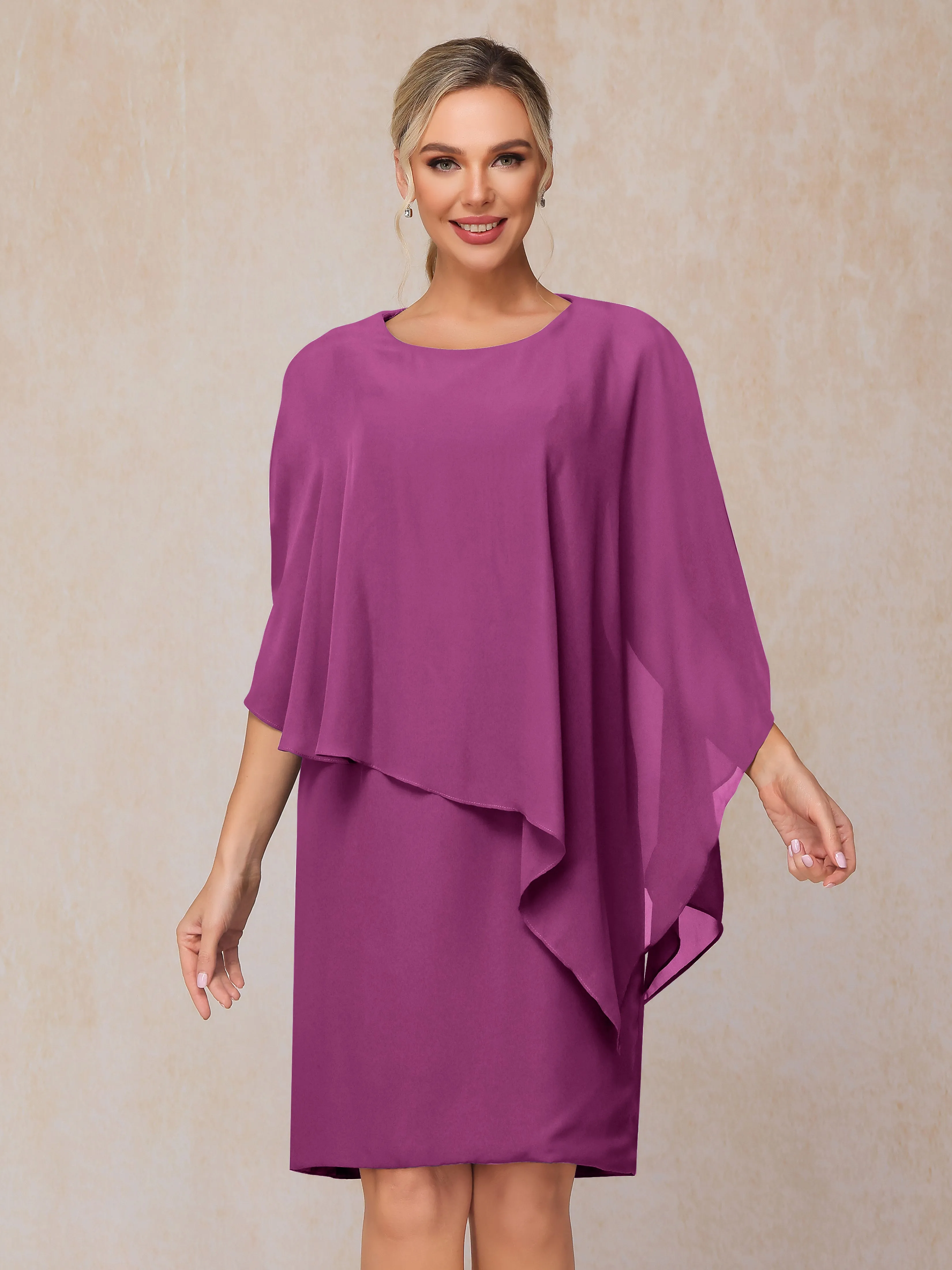 3/4 Length Sleeves Knee Length Chiffon Mother of the Bride Dresses