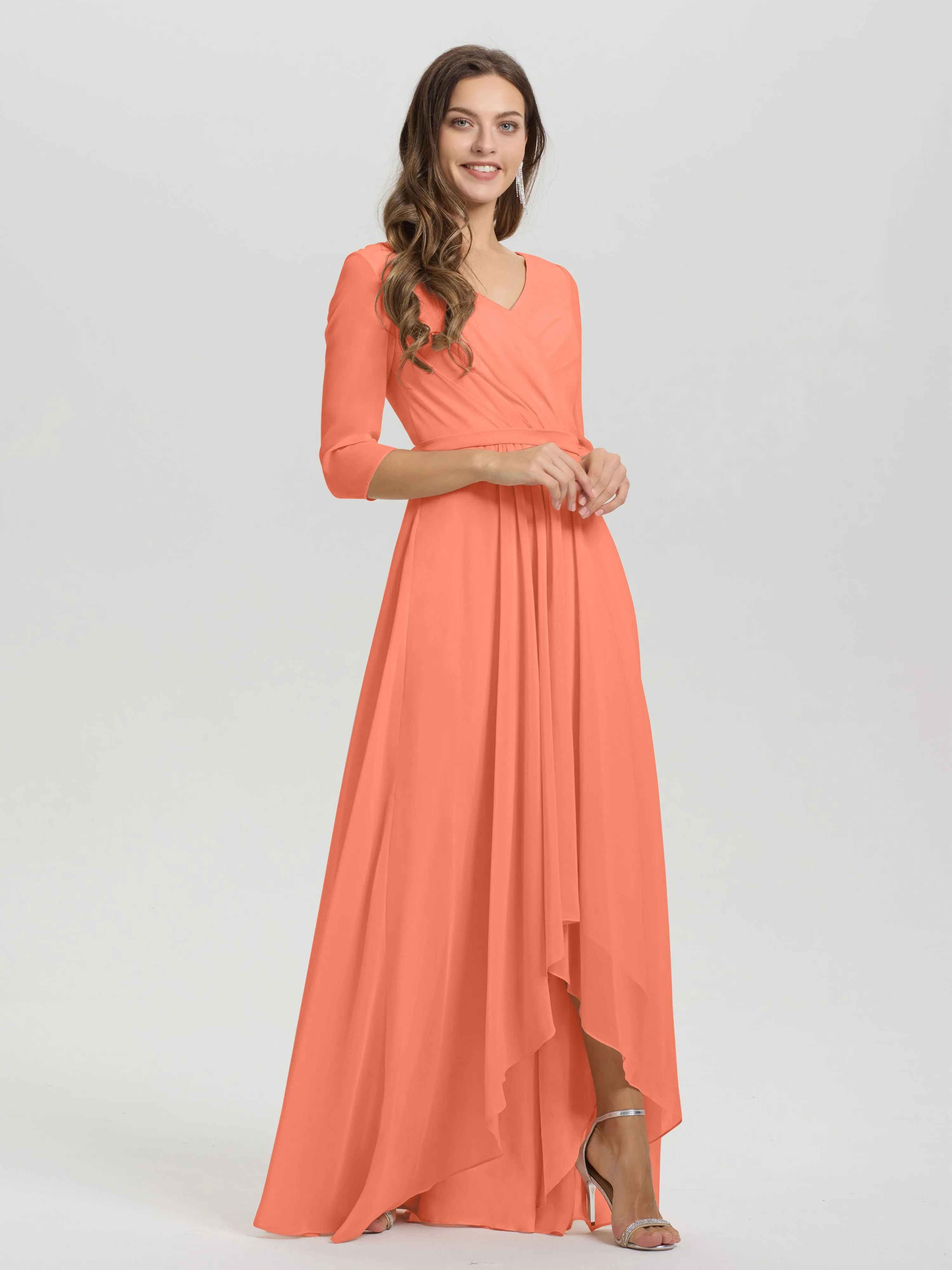 A-Line 3/4 Length Sleeves V-Neck Split Chiffon Bridesmaid Dresses