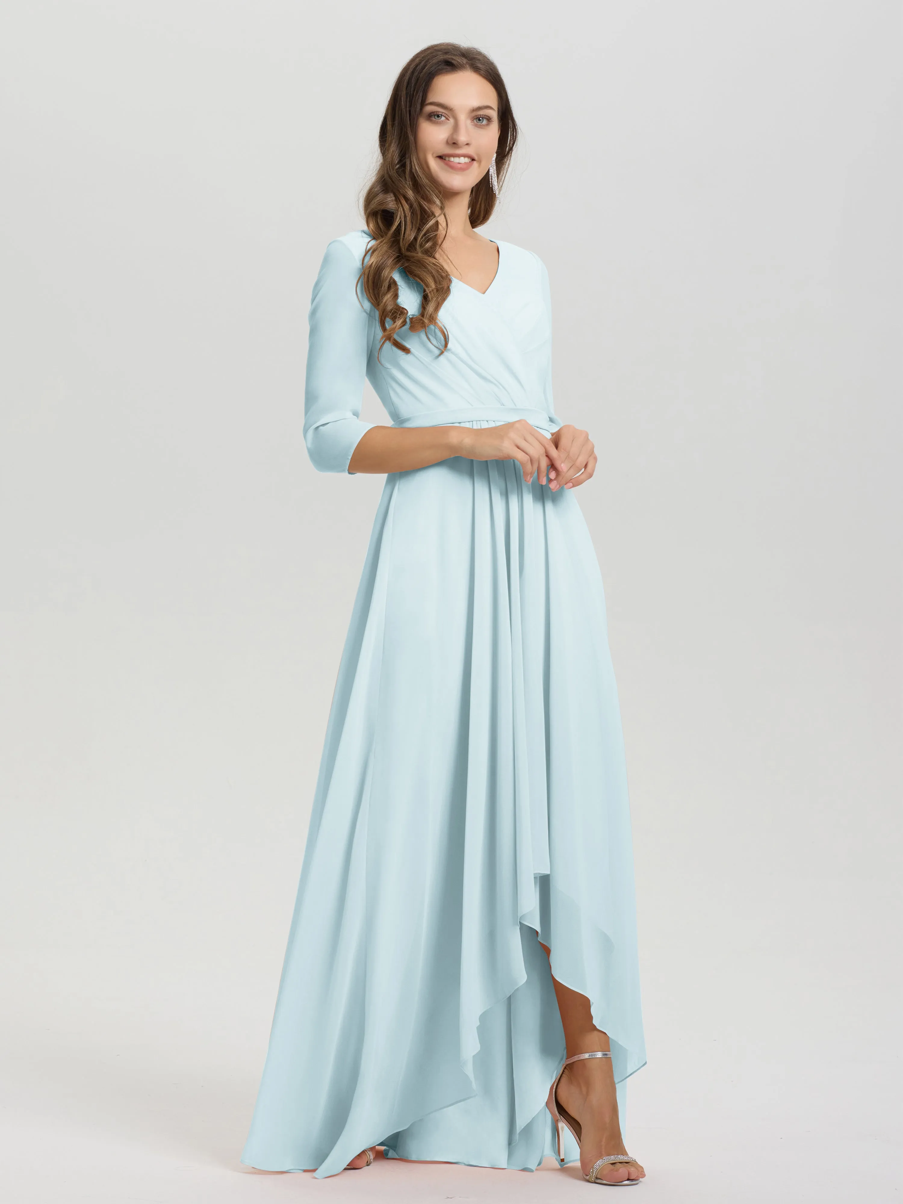 A-Line 3/4 Length Sleeves V-Neck Split Chiffon Bridesmaid Dresses