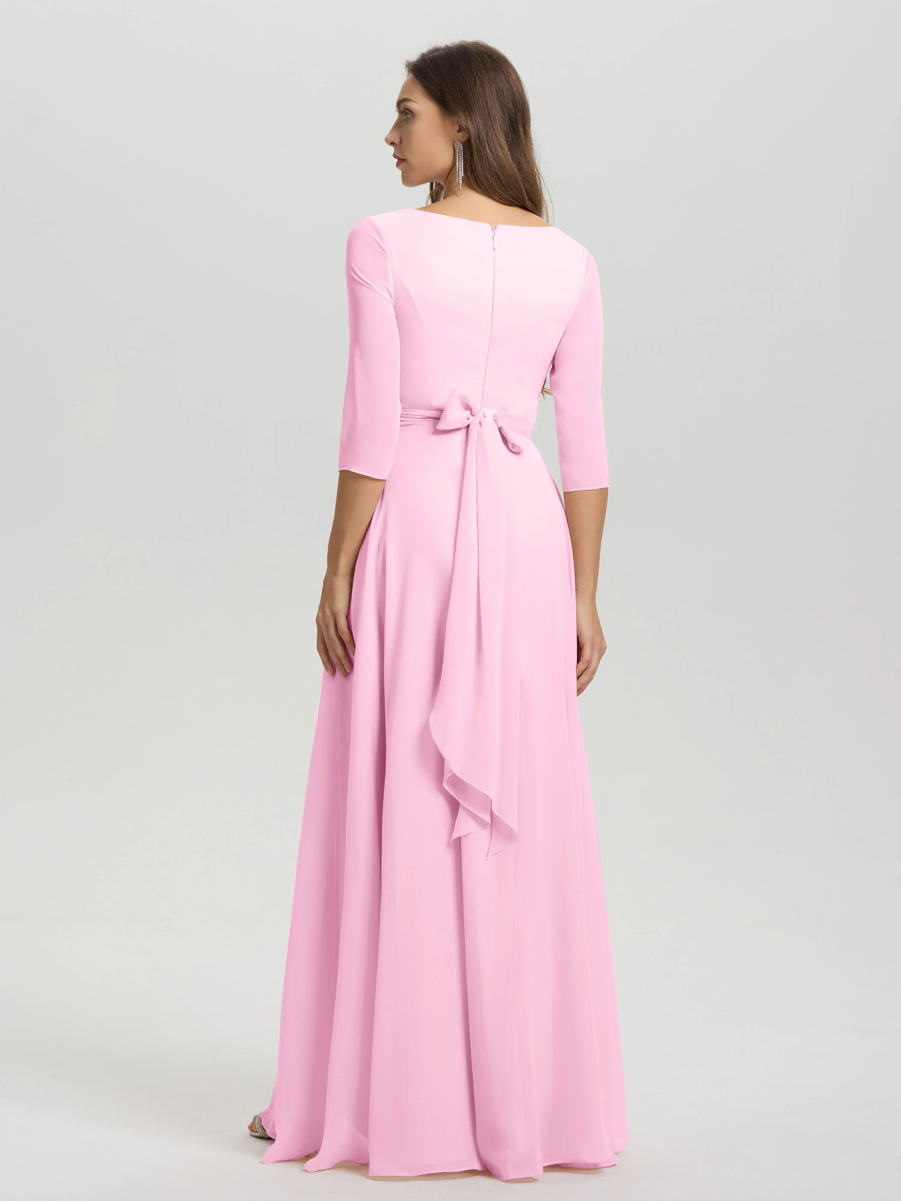 A-Line 3/4 Length Sleeves V-Neck Split Chiffon Bridesmaid Dresses