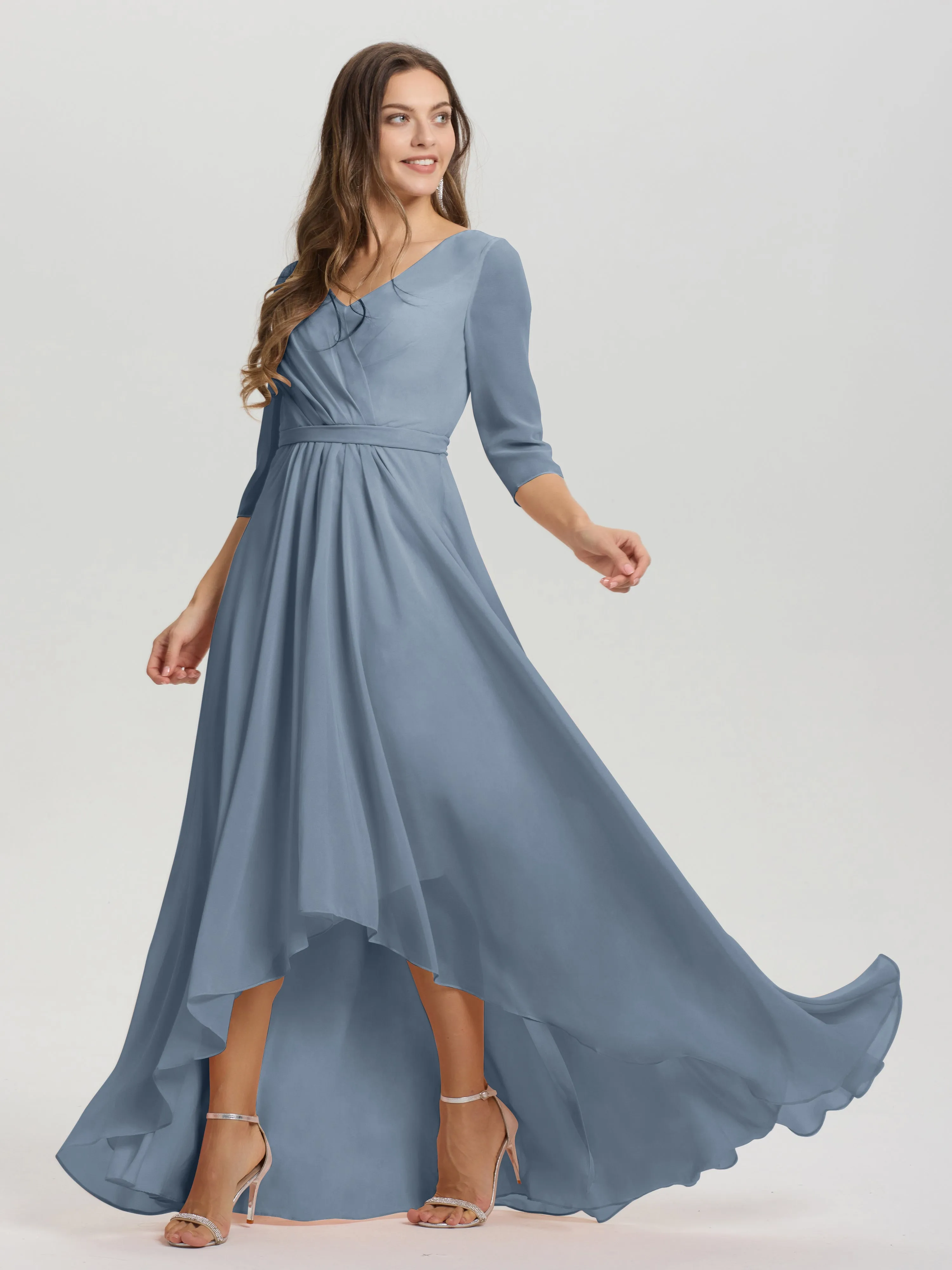 A-Line 3/4 Length Sleeves V-Neck Split Chiffon Bridesmaid Dresses