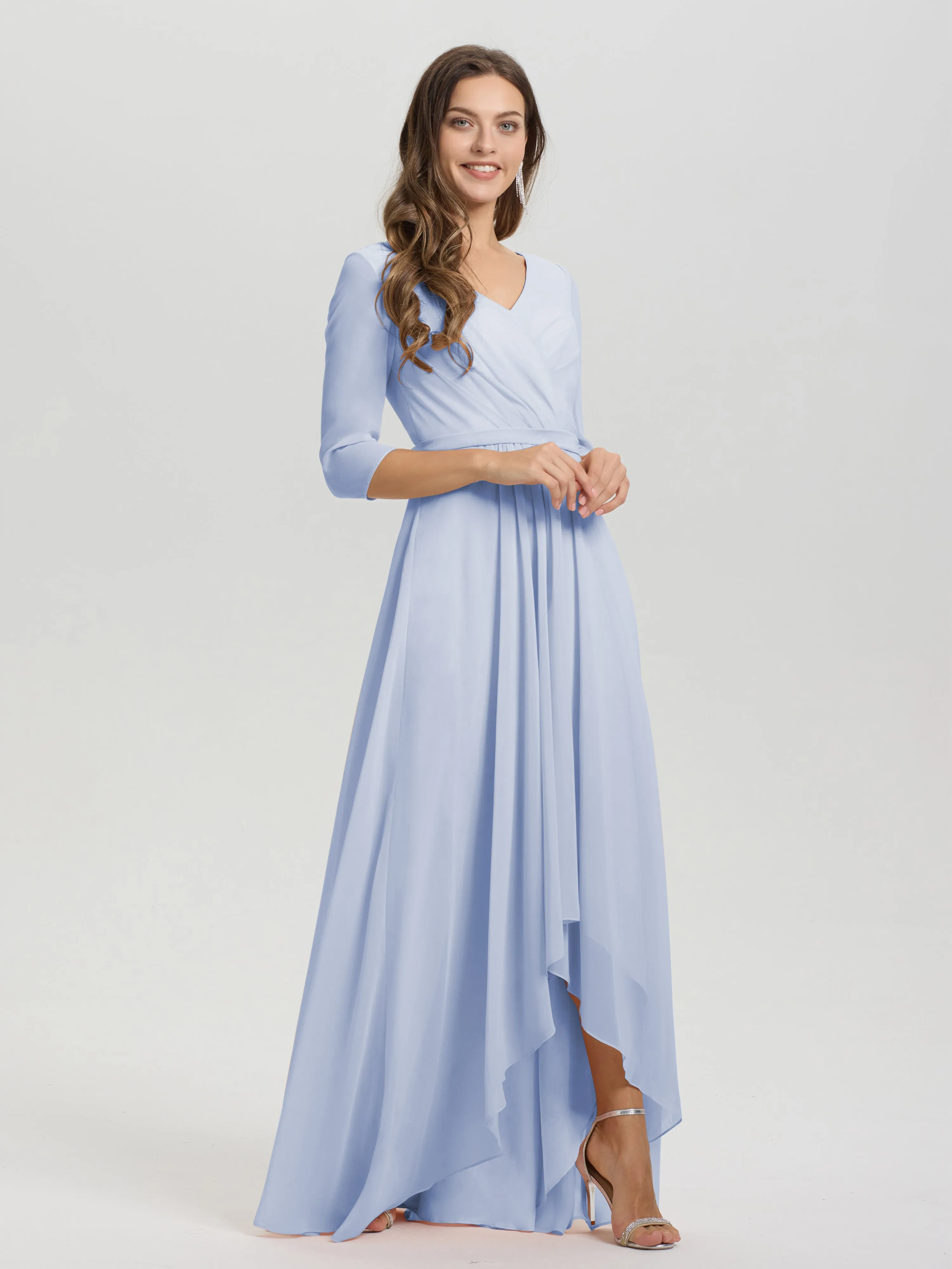 A-Line 3/4 Length Sleeves V-Neck Split Chiffon Bridesmaid Dresses