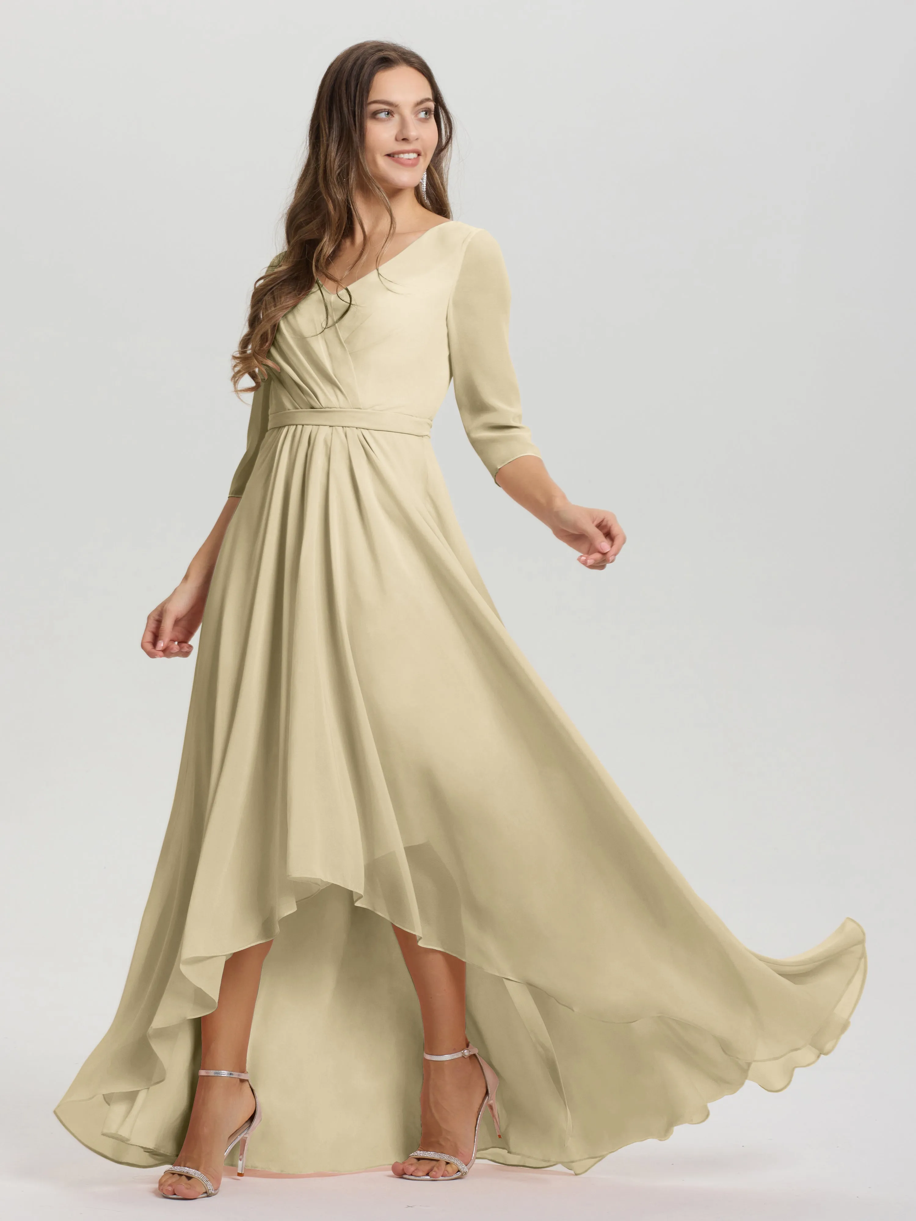 A-Line 3/4 Length Sleeves V-Neck Split Chiffon Bridesmaid Dresses