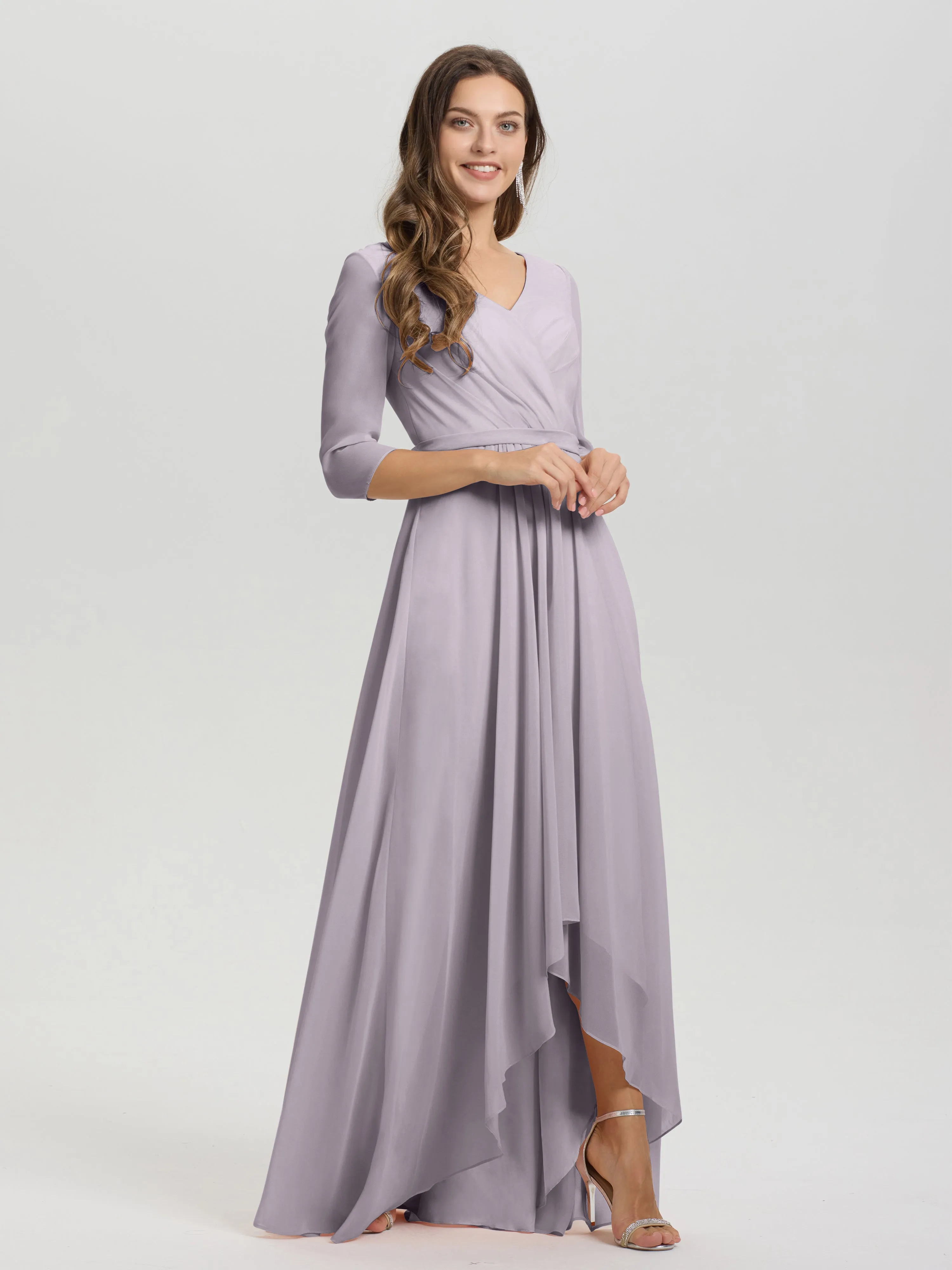 A-Line 3/4 Length Sleeves V-Neck Split Chiffon Bridesmaid Dresses