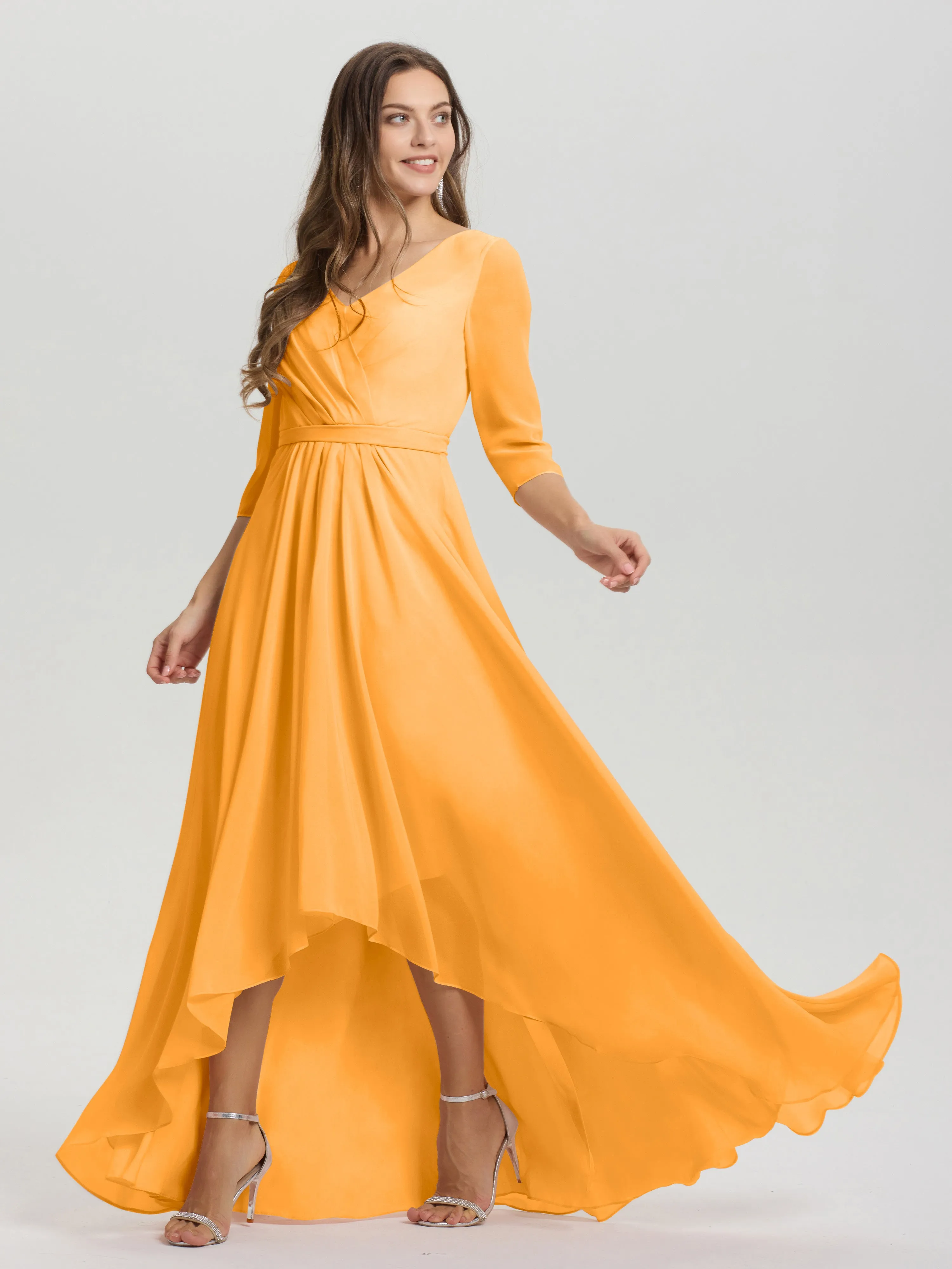 A-Line 3/4 Length Sleeves V-Neck Split Chiffon Bridesmaid Dresses