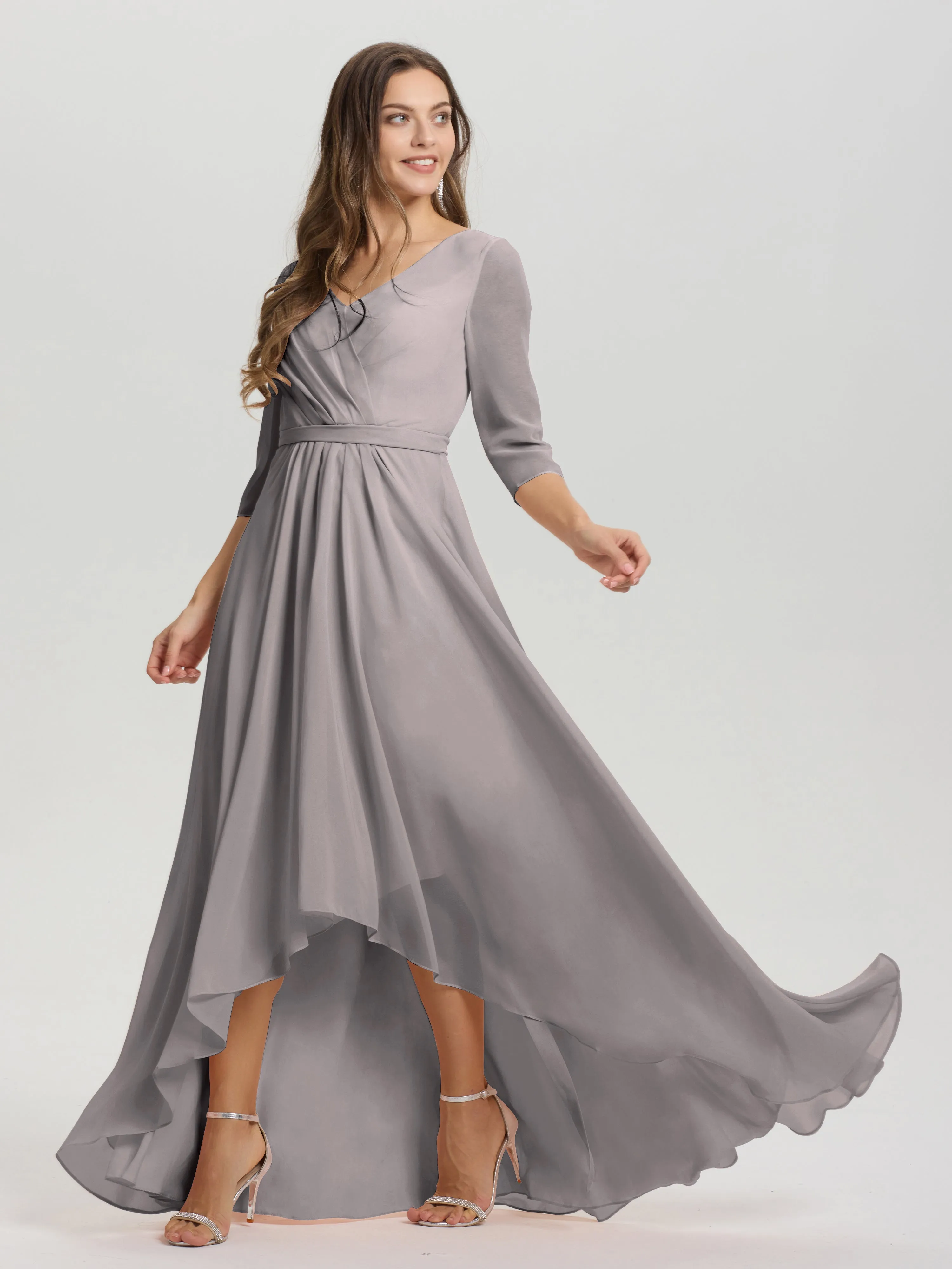 A-Line 3/4 Length Sleeves V-Neck Split Chiffon Bridesmaid Dresses