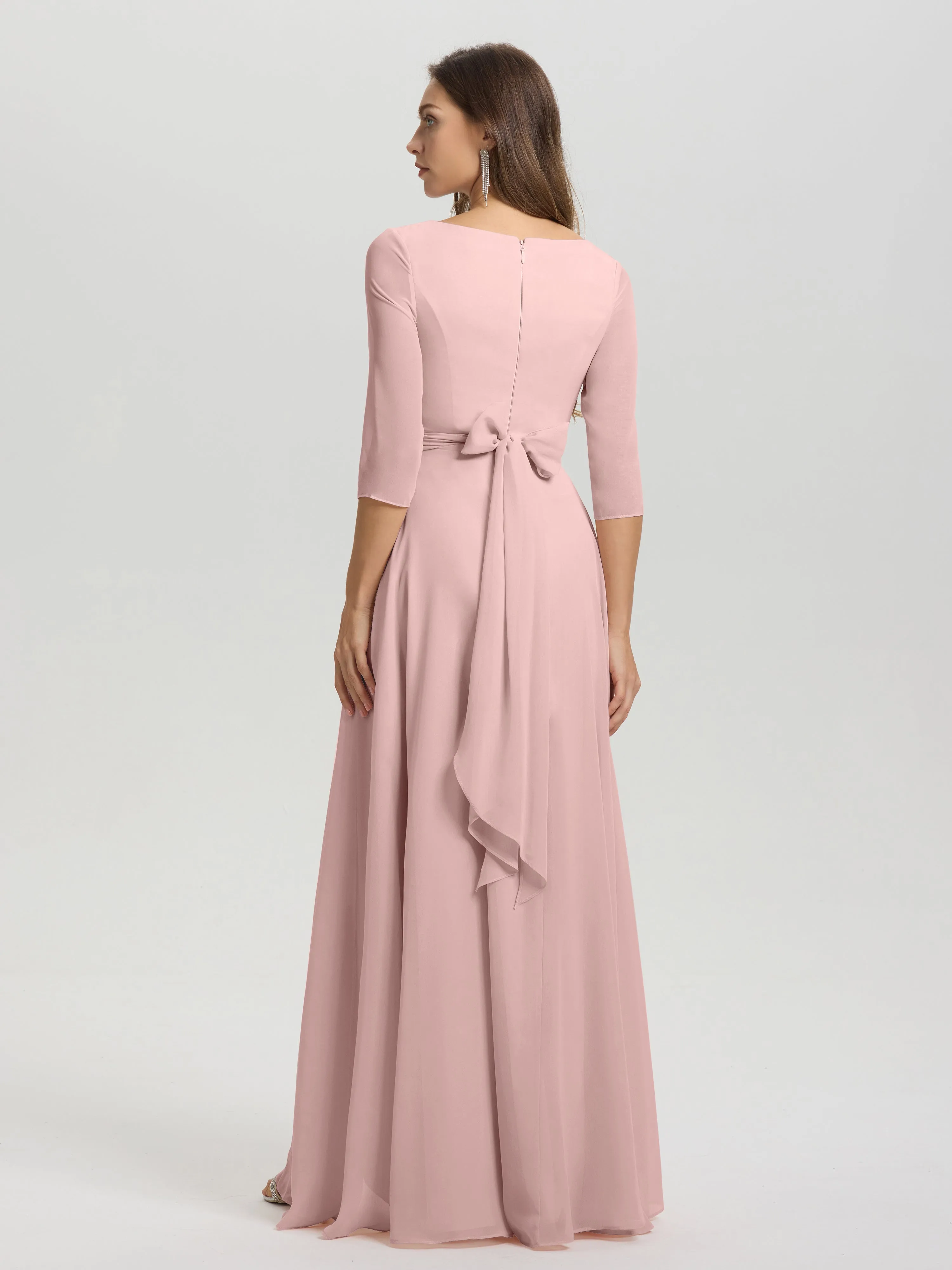 A-Line 3/4 Length Sleeves V-Neck Split Chiffon Bridesmaid Dresses