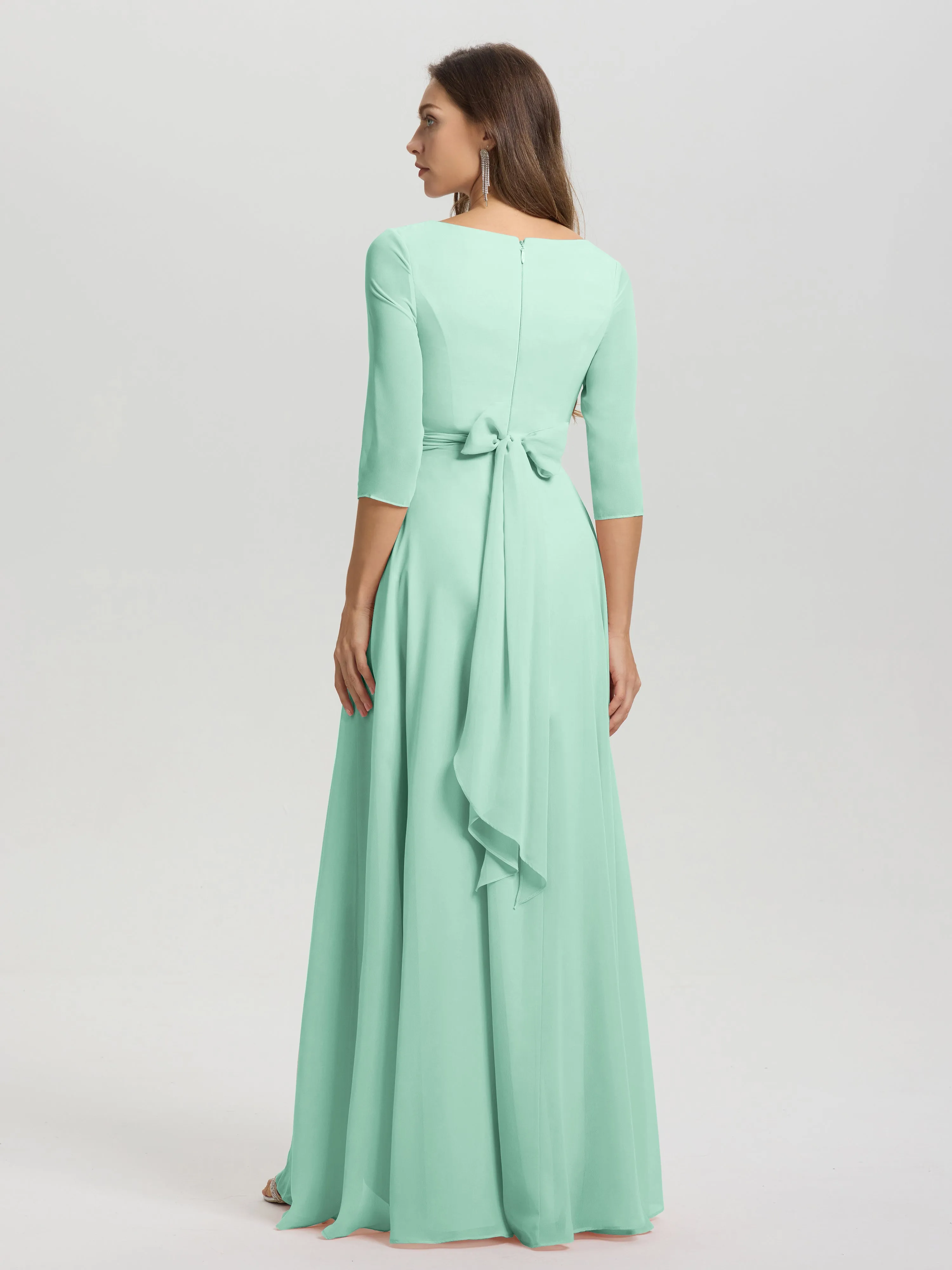 A-Line 3/4 Length Sleeves V-Neck Split Chiffon Bridesmaid Dresses