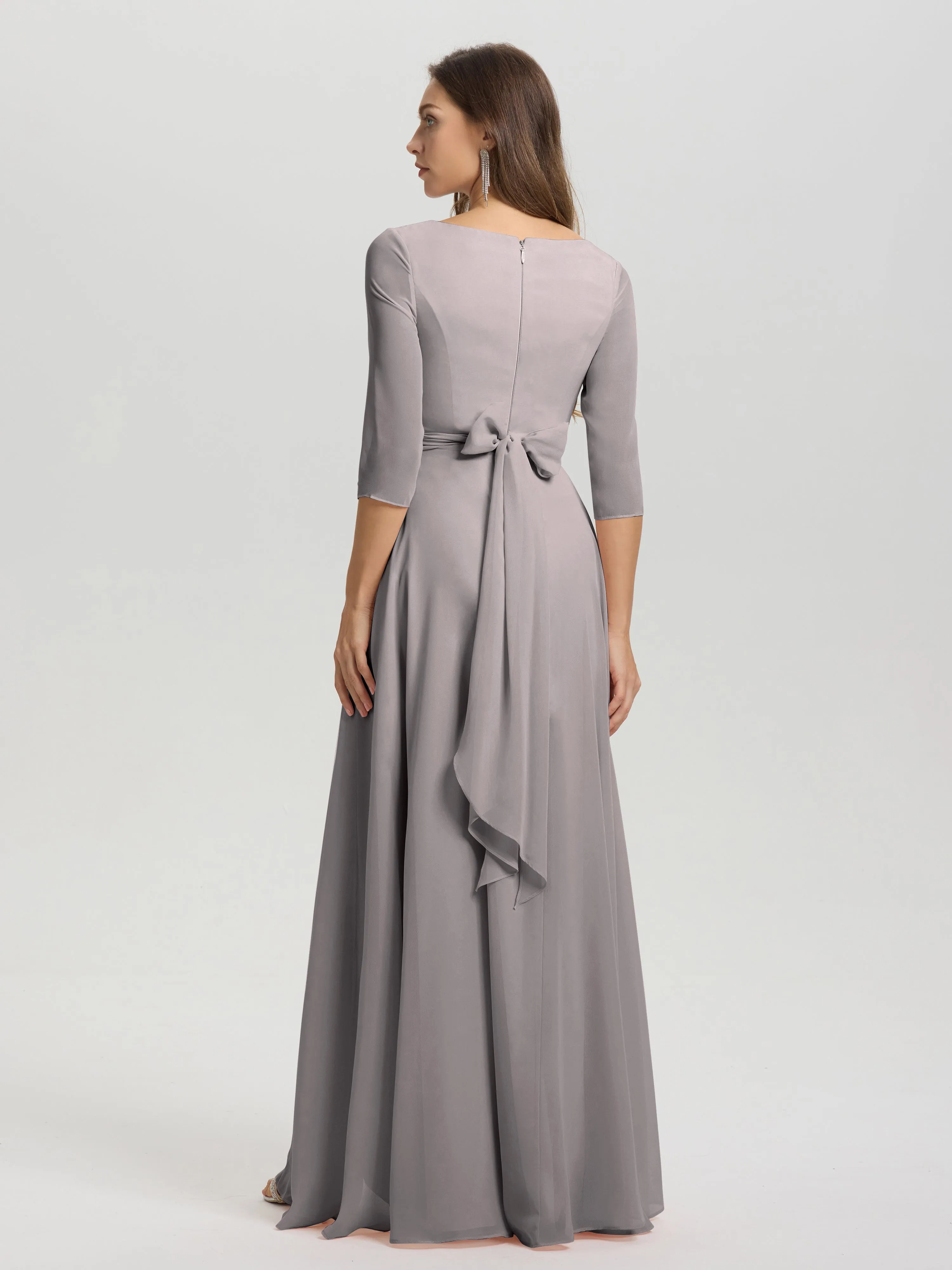 A-Line 3/4 Length Sleeves V-Neck Split Chiffon Bridesmaid Dresses