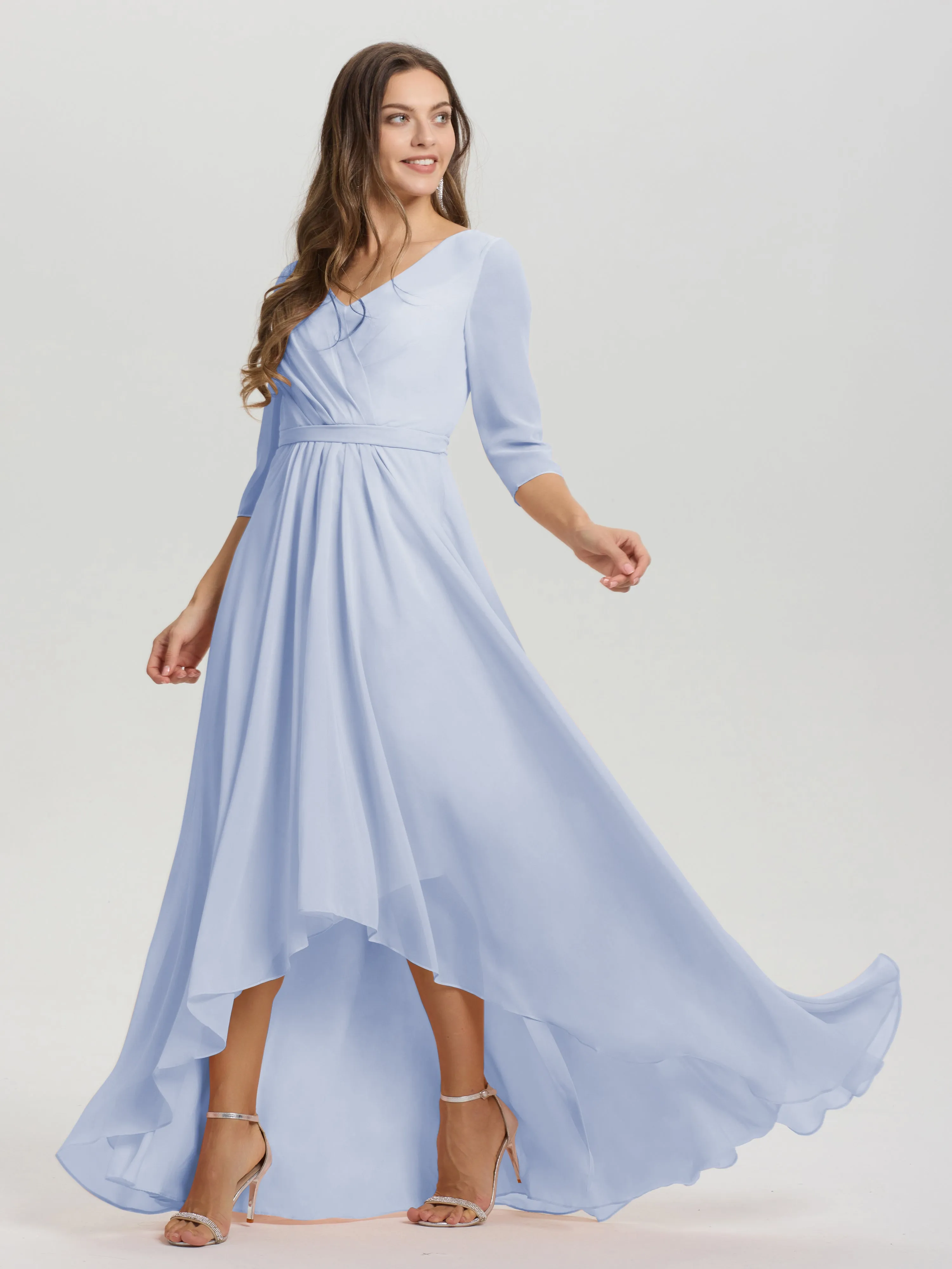 A-Line 3/4 Length Sleeves V-Neck Split Chiffon Bridesmaid Dresses