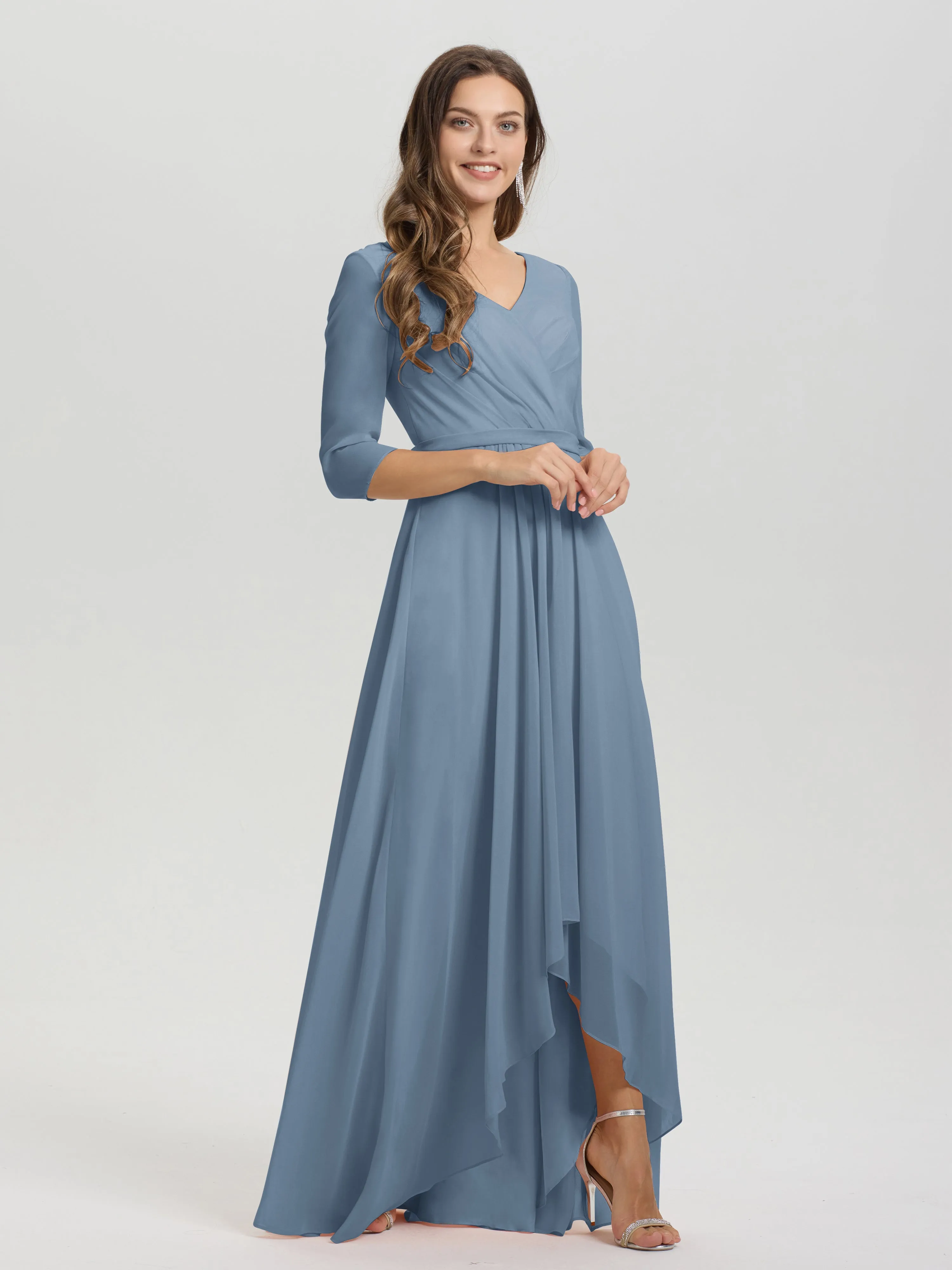 A-Line 3/4 Length Sleeves V-Neck Split Chiffon Bridesmaid Dresses