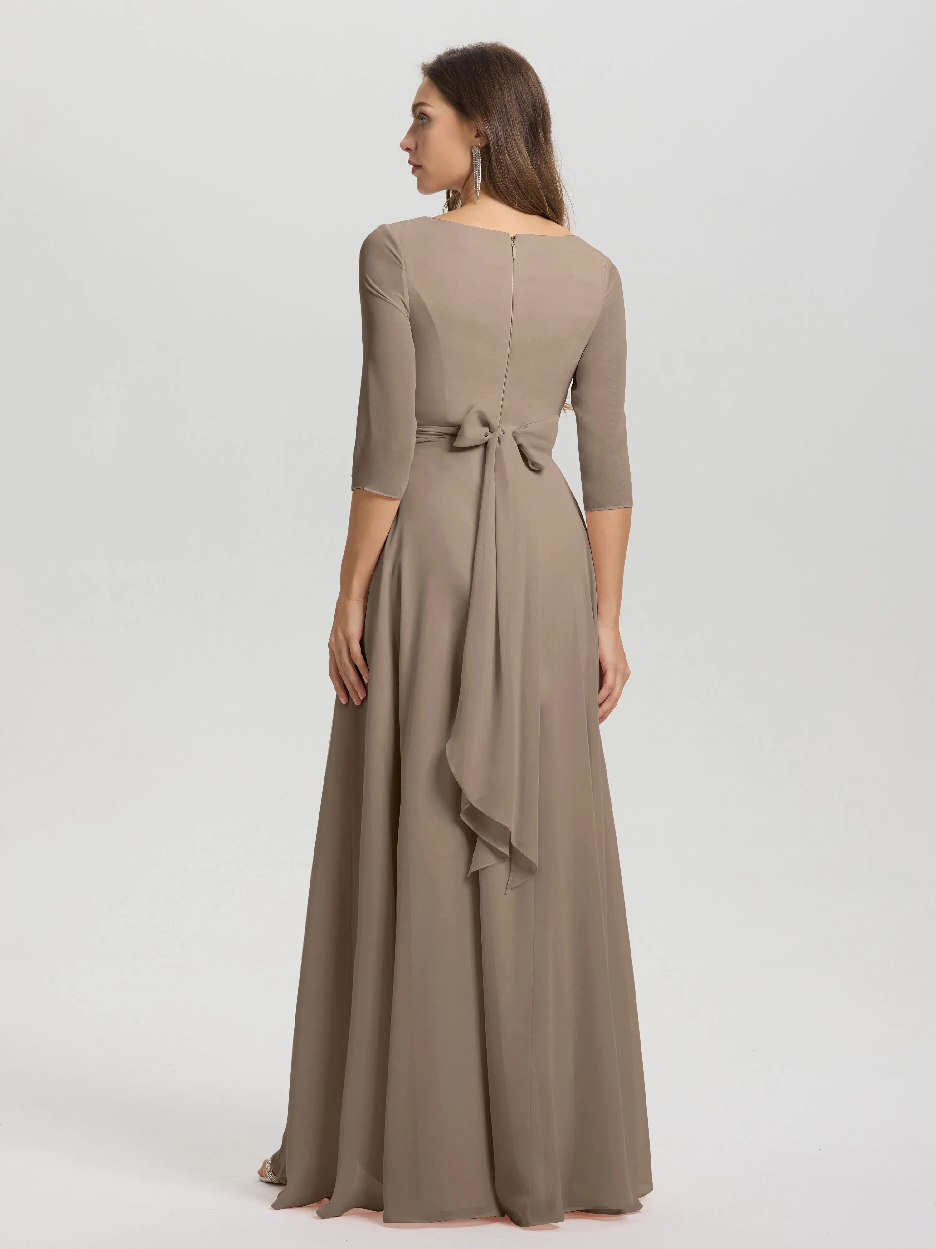 A-Line 3/4 Length Sleeves V-Neck Split Chiffon Bridesmaid Dresses