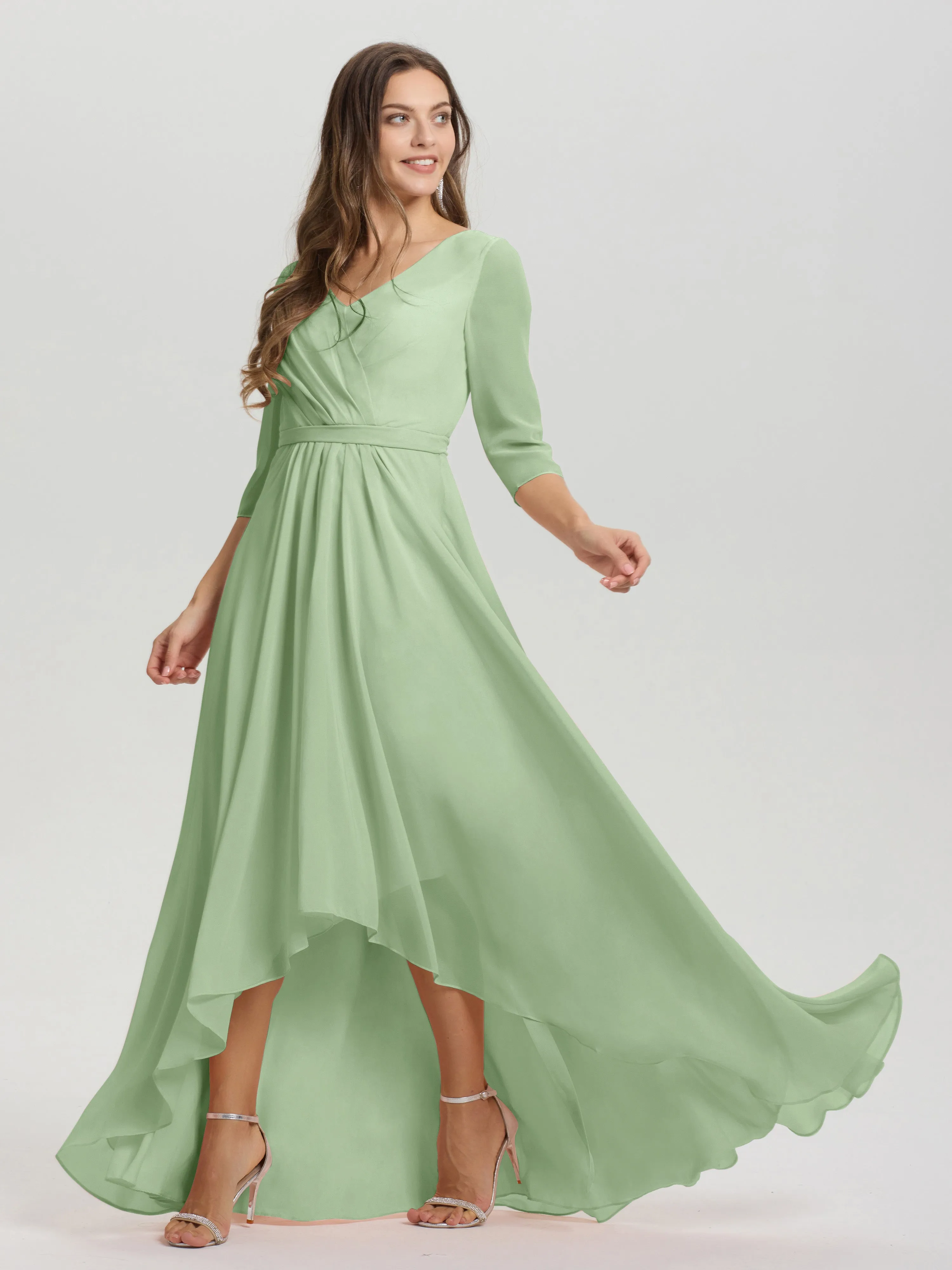 A-Line 3/4 Length Sleeves V-Neck Split Chiffon Bridesmaid Dresses