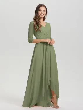 A-Line 3/4 Length Sleeves V-Neck Split Chiffon Bridesmaid Dresses