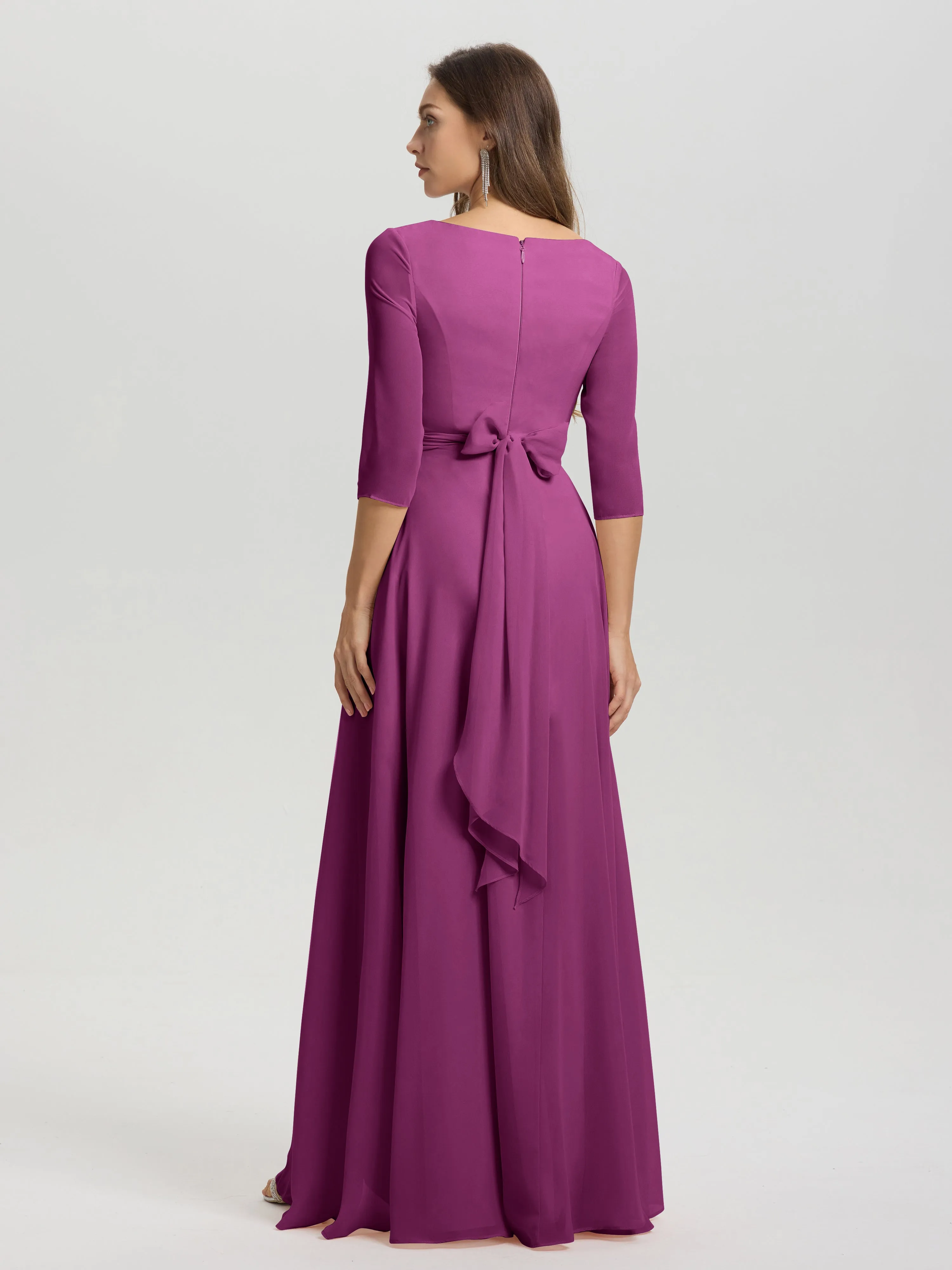 A-Line 3/4 Length Sleeves V-Neck Split Chiffon Bridesmaid Dresses