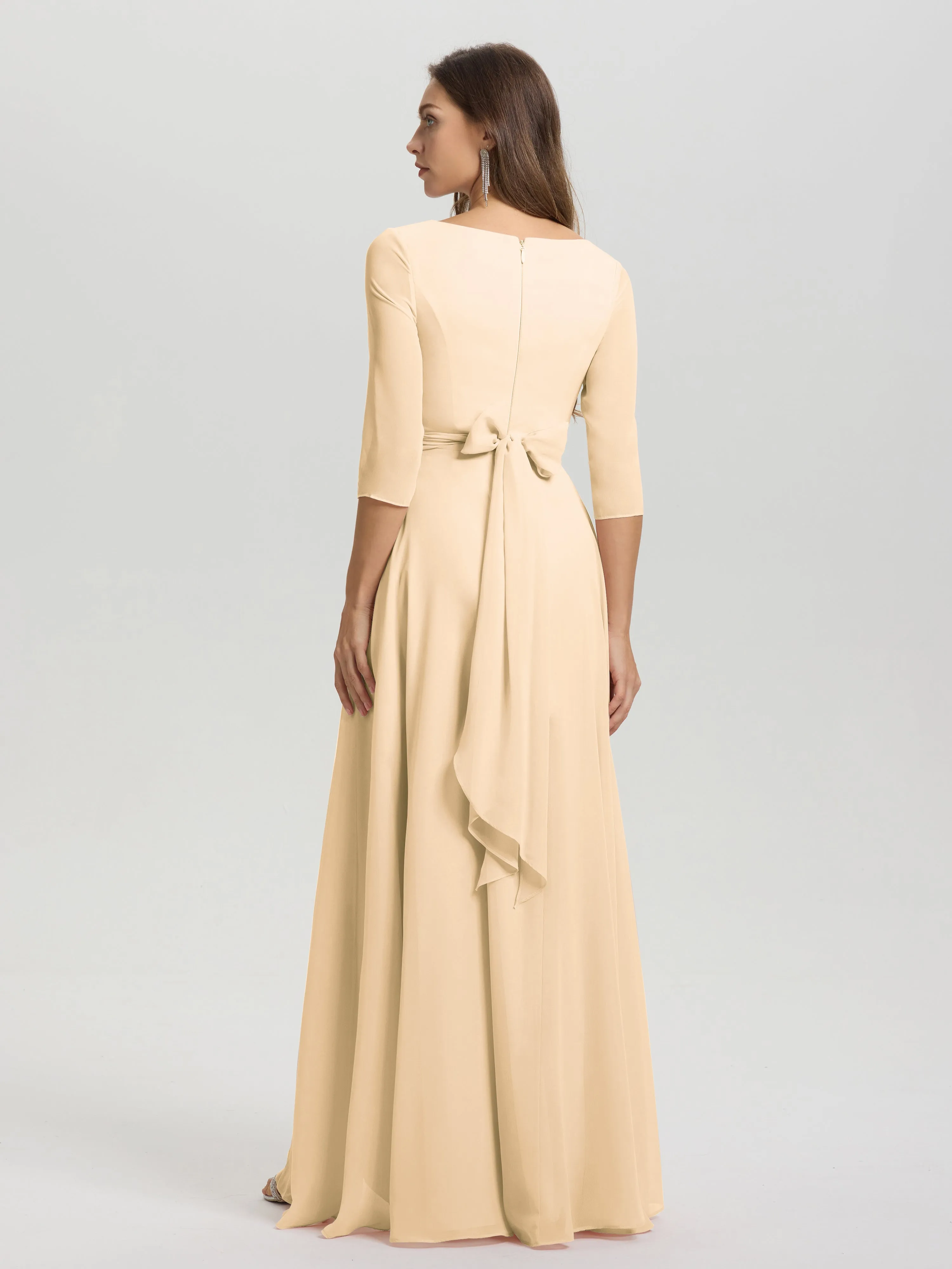 A-Line 3/4 Length Sleeves V-Neck Split Chiffon Bridesmaid Dresses