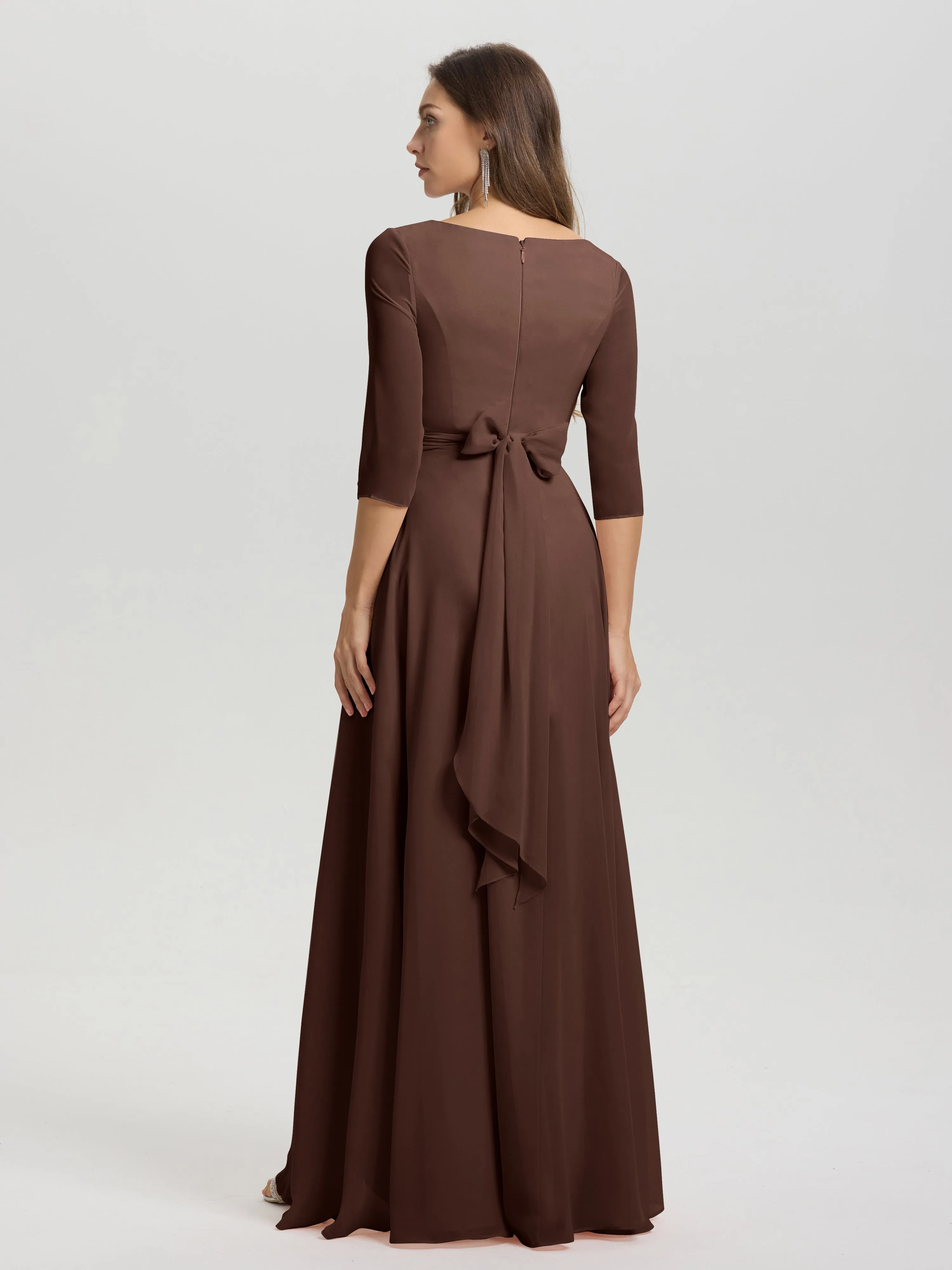 A-Line 3/4 Length Sleeves V-Neck Split Chiffon Bridesmaid Dresses