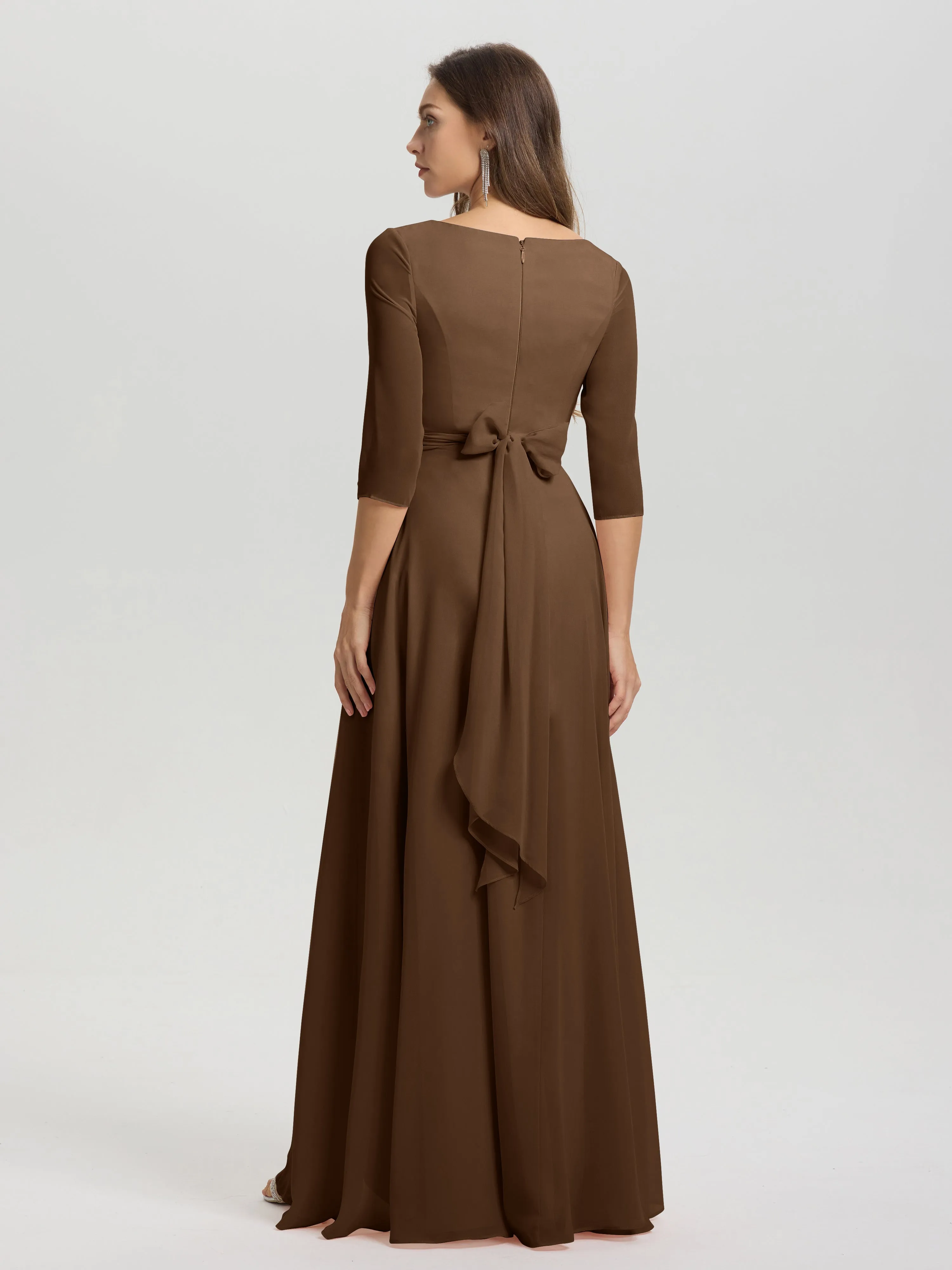 A-Line 3/4 Length Sleeves V-Neck Split Chiffon Bridesmaid Dresses