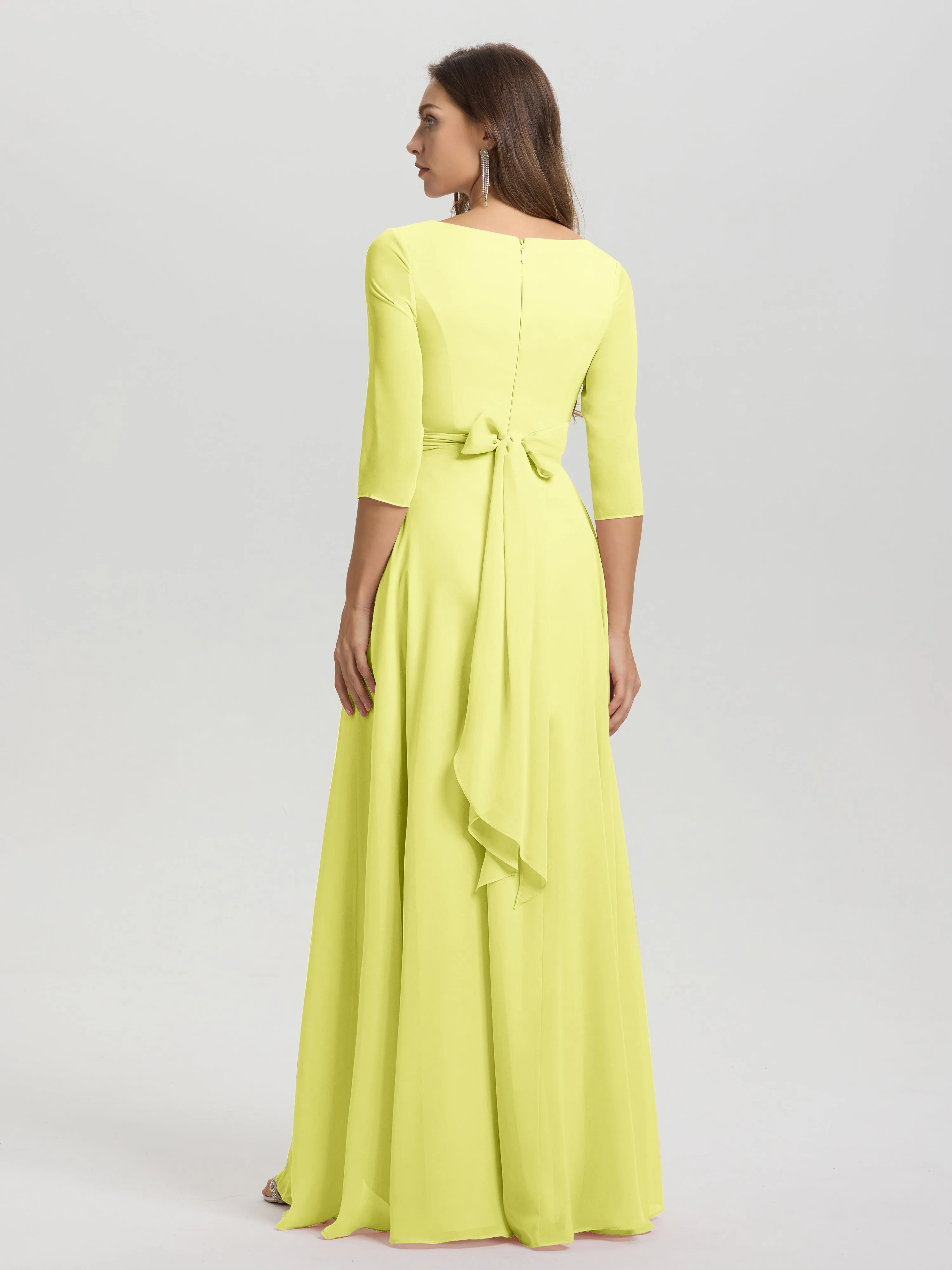 A-Line 3/4 Length Sleeves V-Neck Split Chiffon Bridesmaid Dresses