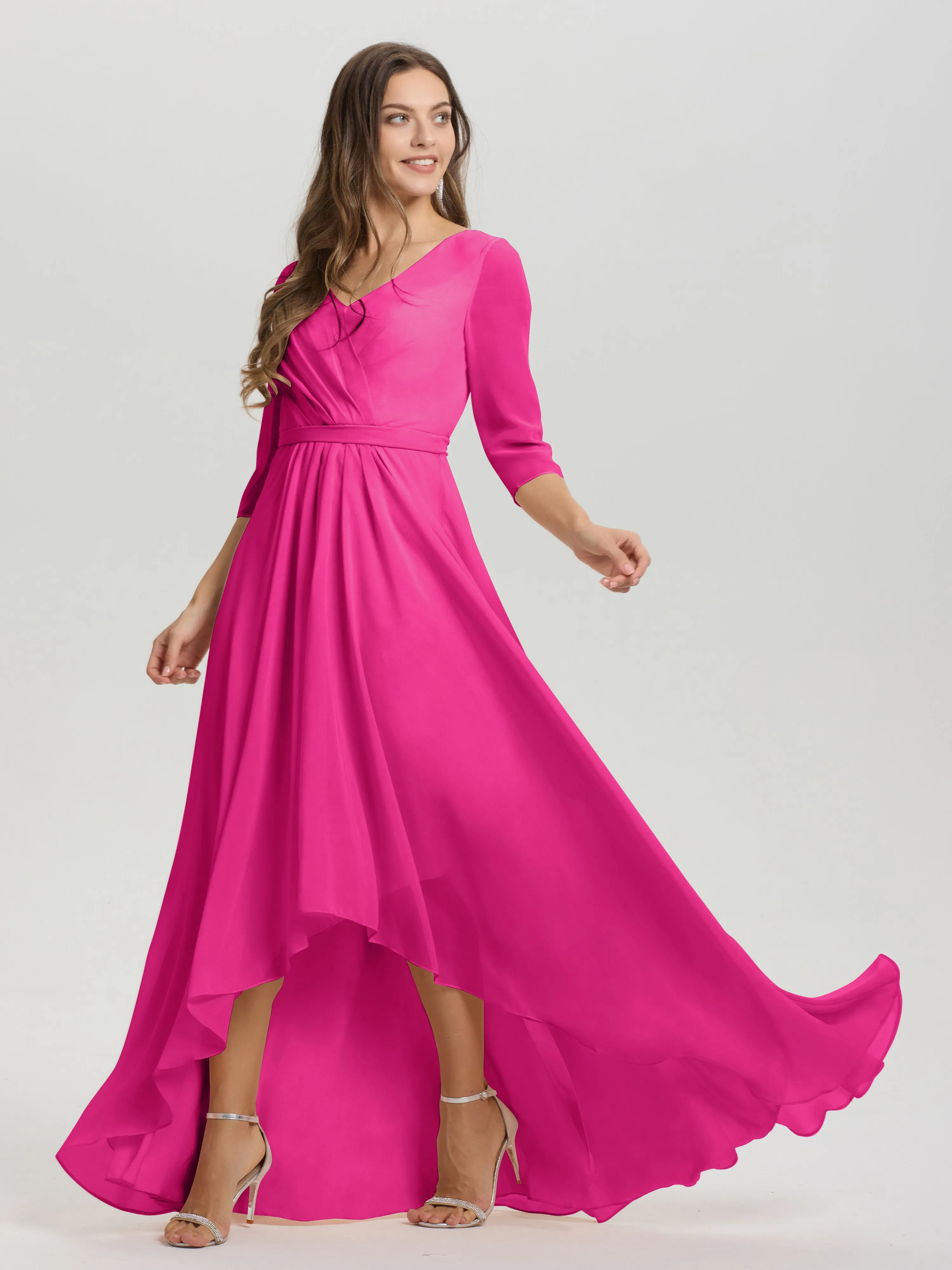 A-Line 3/4 Length Sleeves V-Neck Split Chiffon Bridesmaid Dresses