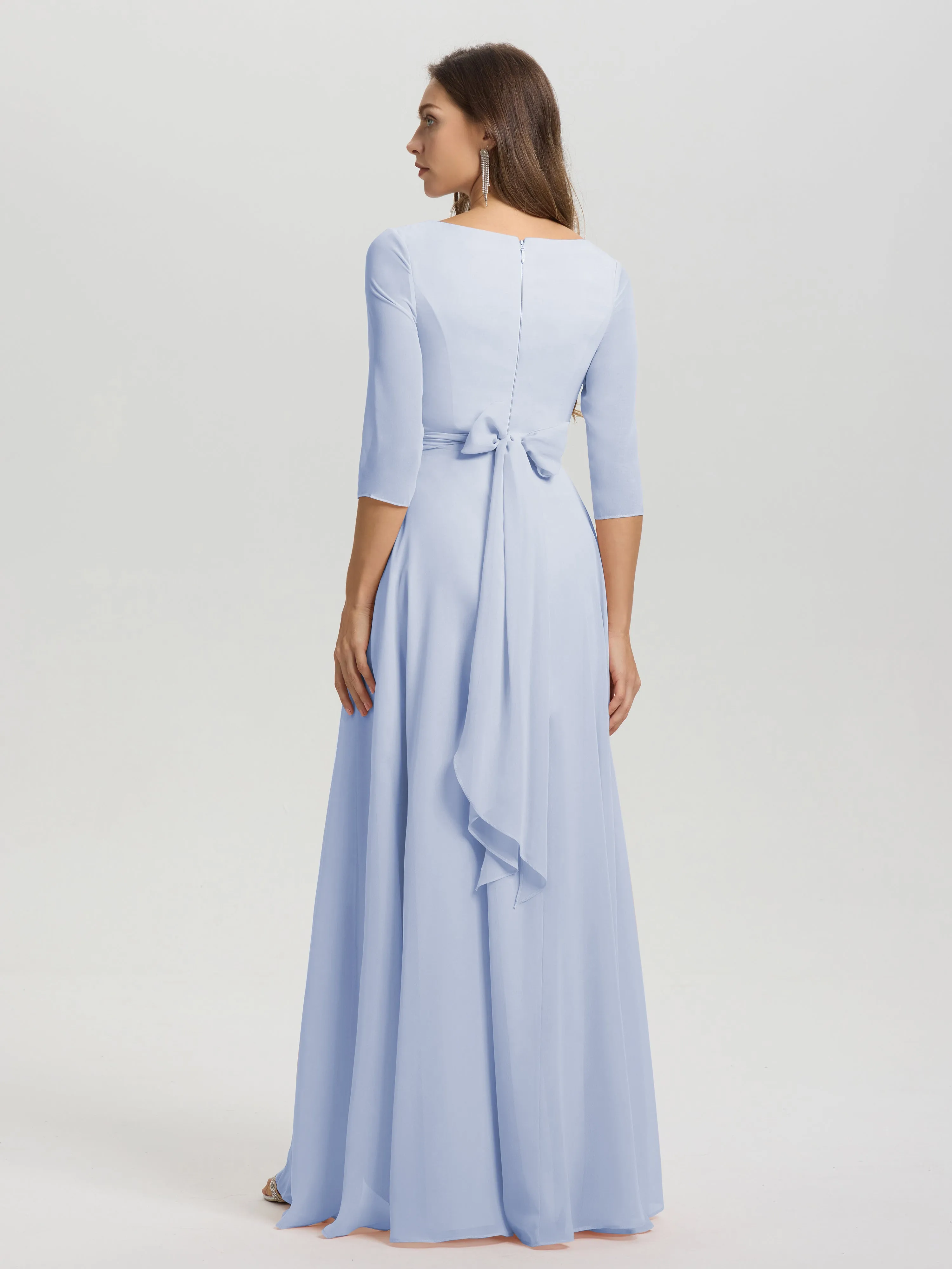 A-Line 3/4 Length Sleeves V-Neck Split Chiffon Bridesmaid Dresses