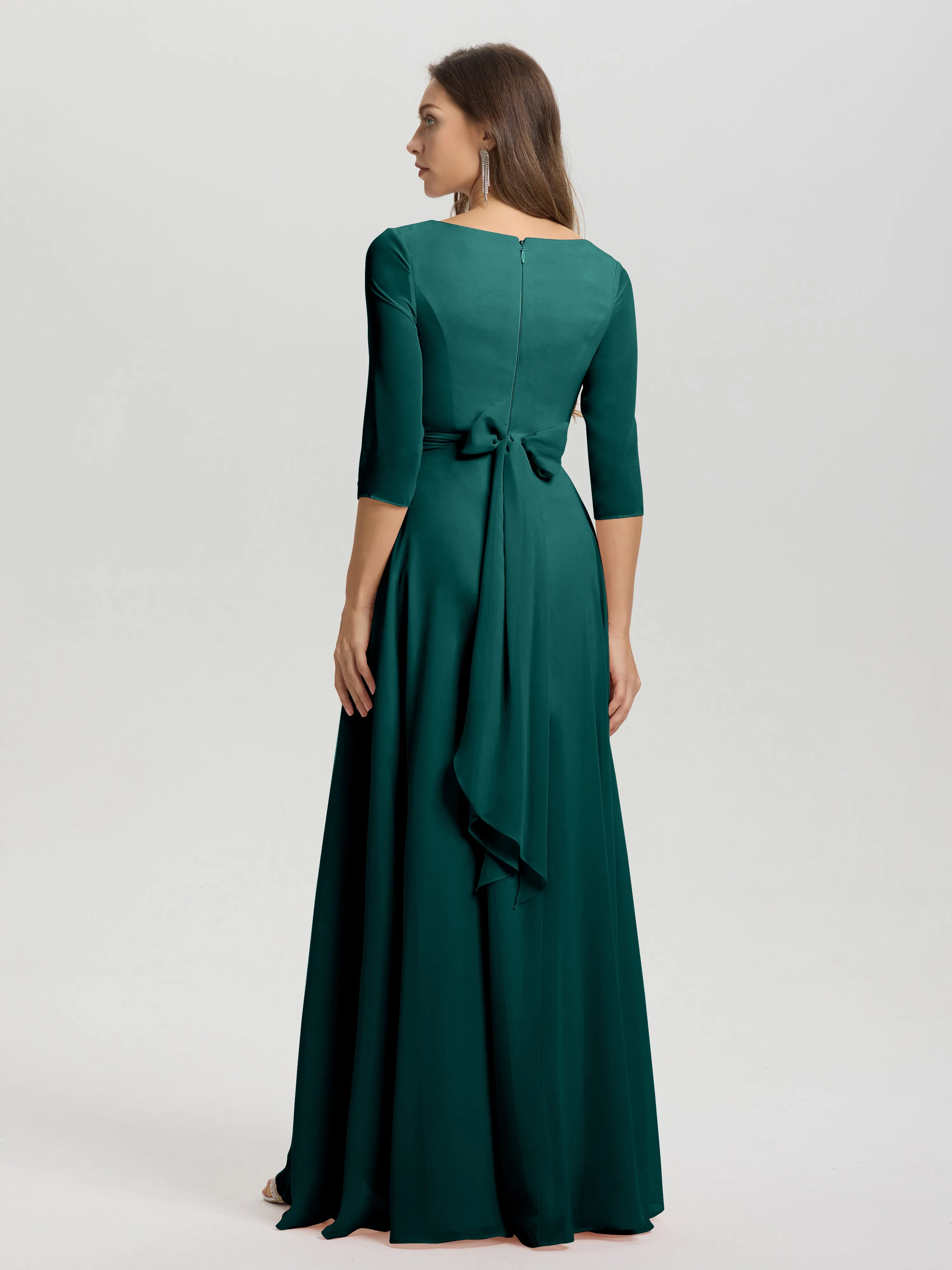 A-Line 3/4 Length Sleeves V-Neck Split Chiffon Bridesmaid Dresses