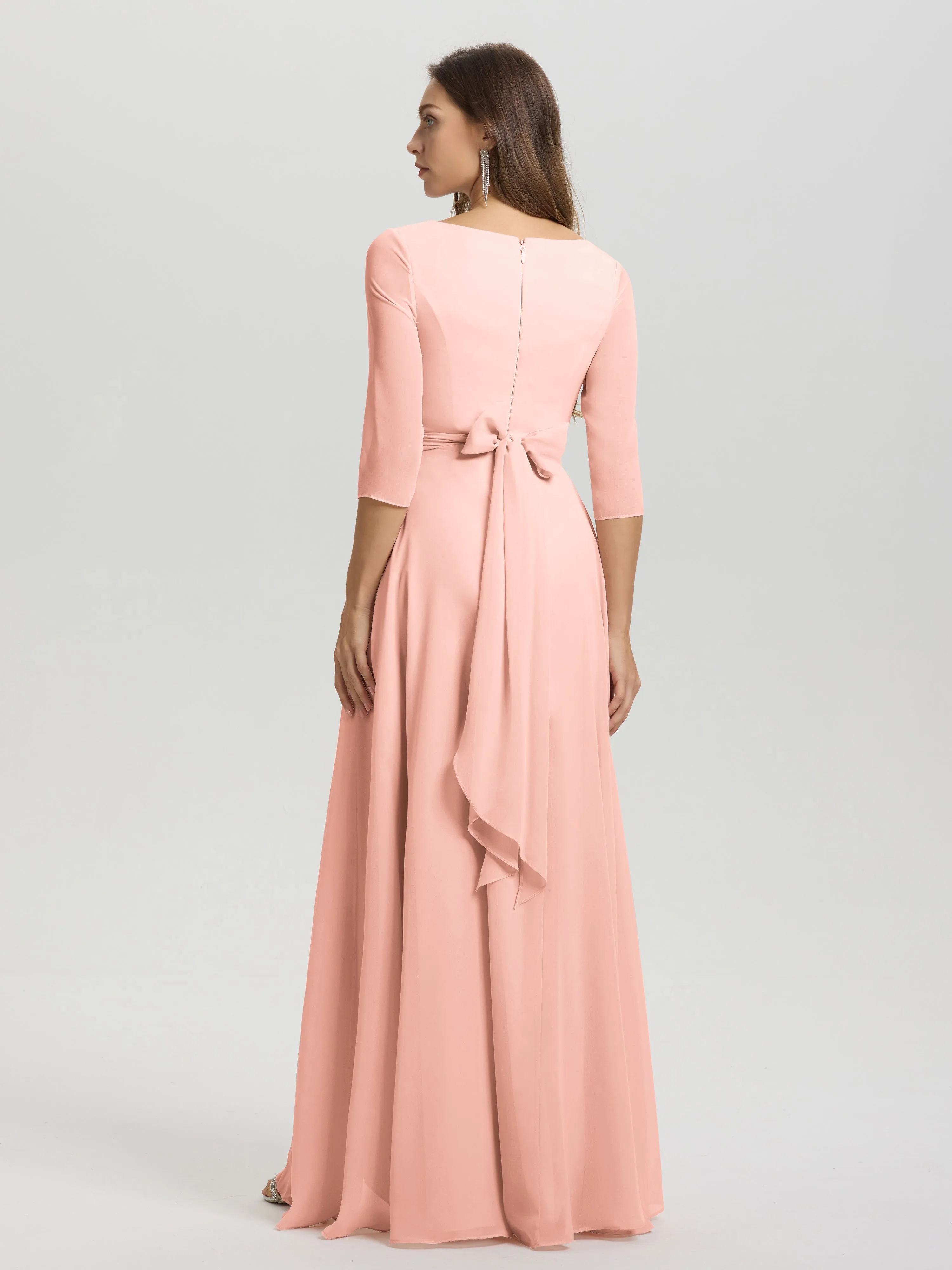 A-Line 3/4 Length Sleeves V-Neck Split Chiffon Bridesmaid Dresses