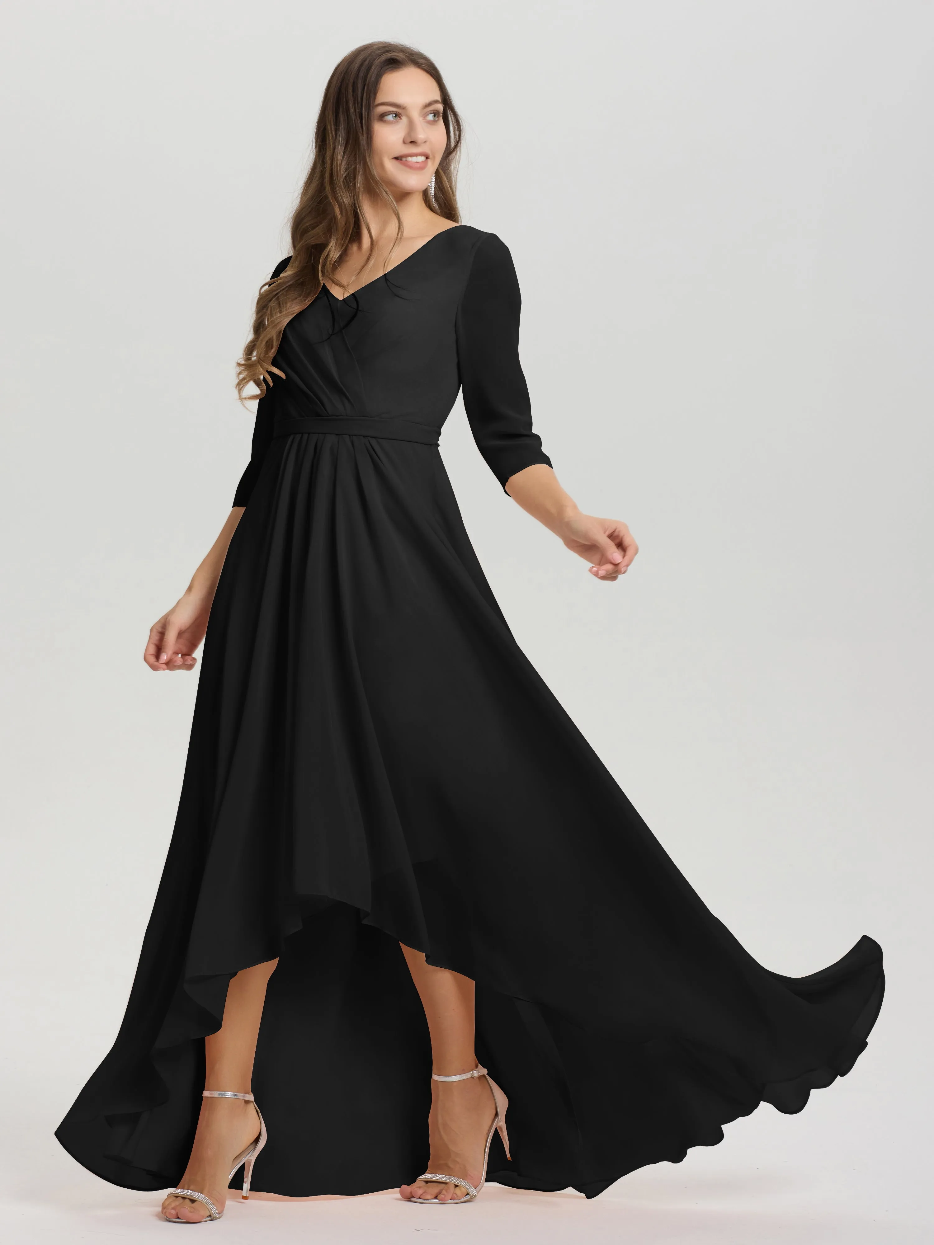 A-Line 3/4 Length Sleeves V-Neck Split Chiffon Bridesmaid Dresses