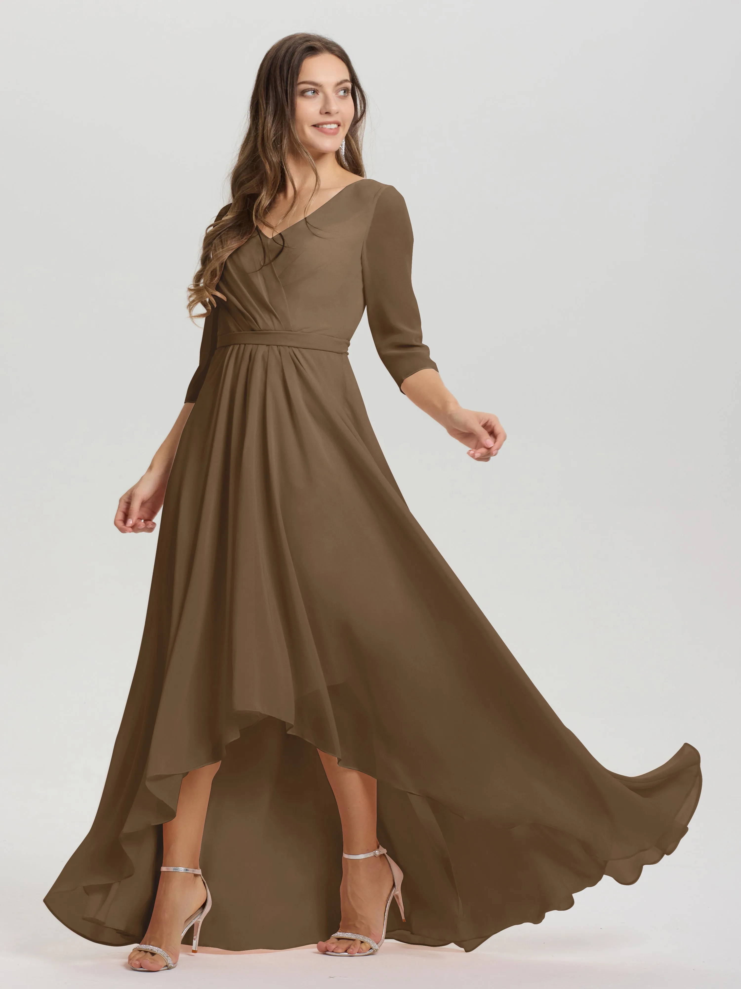 A-Line 3/4 Length Sleeves V-Neck Split Chiffon Bridesmaid Dresses