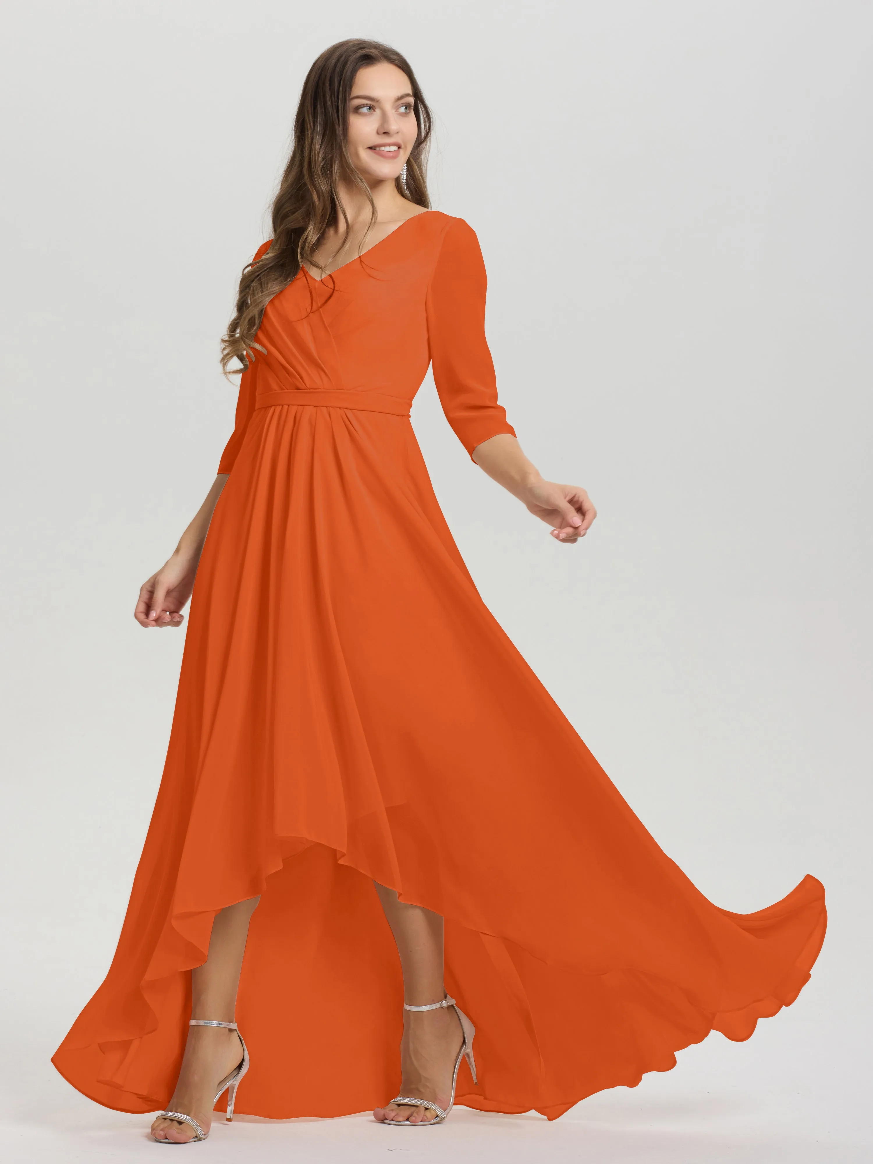 A-Line 3/4 Length Sleeves V-Neck Split Chiffon Bridesmaid Dresses