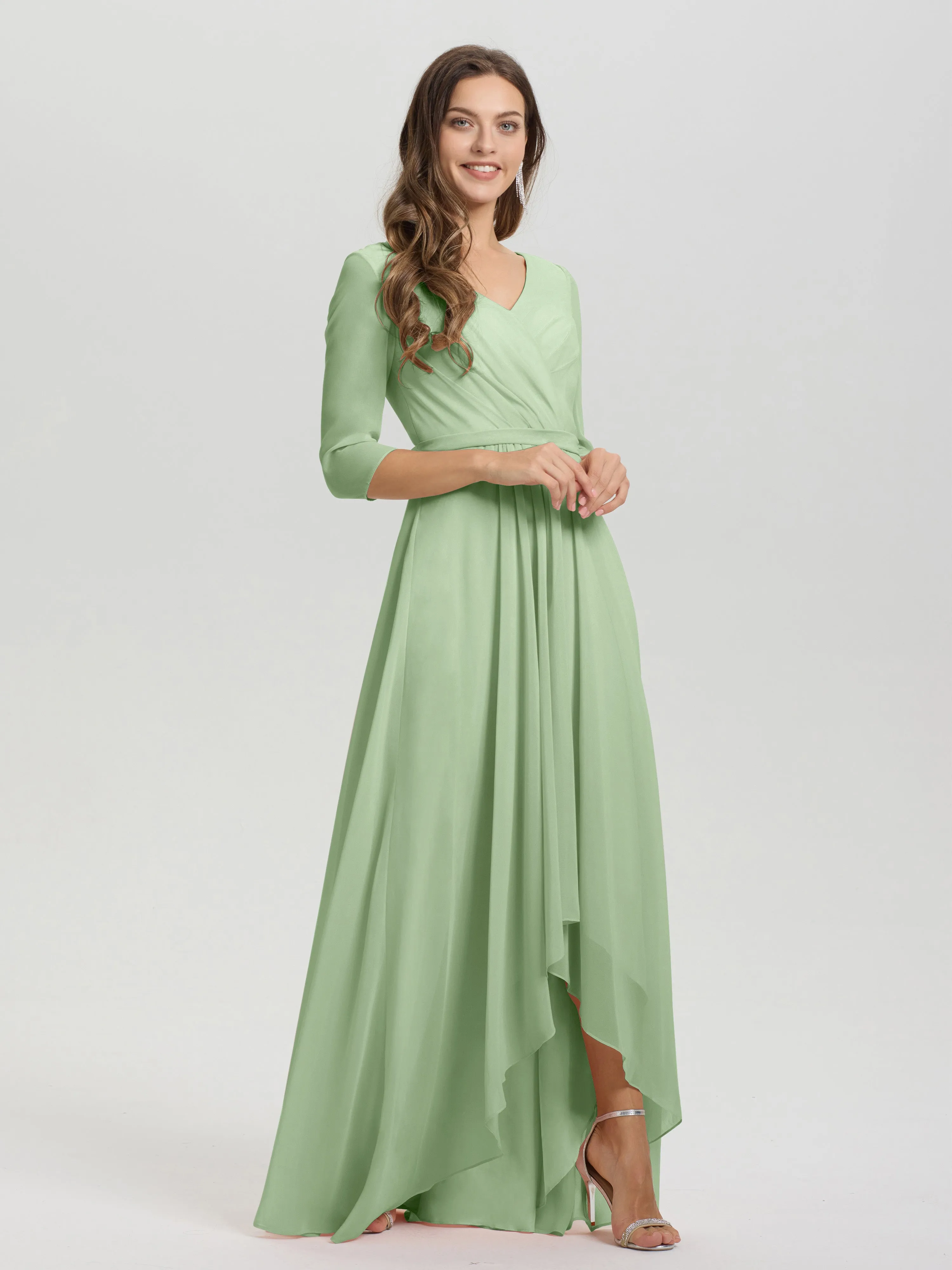 A-Line 3/4 Length Sleeves V-Neck Split Chiffon Bridesmaid Dresses