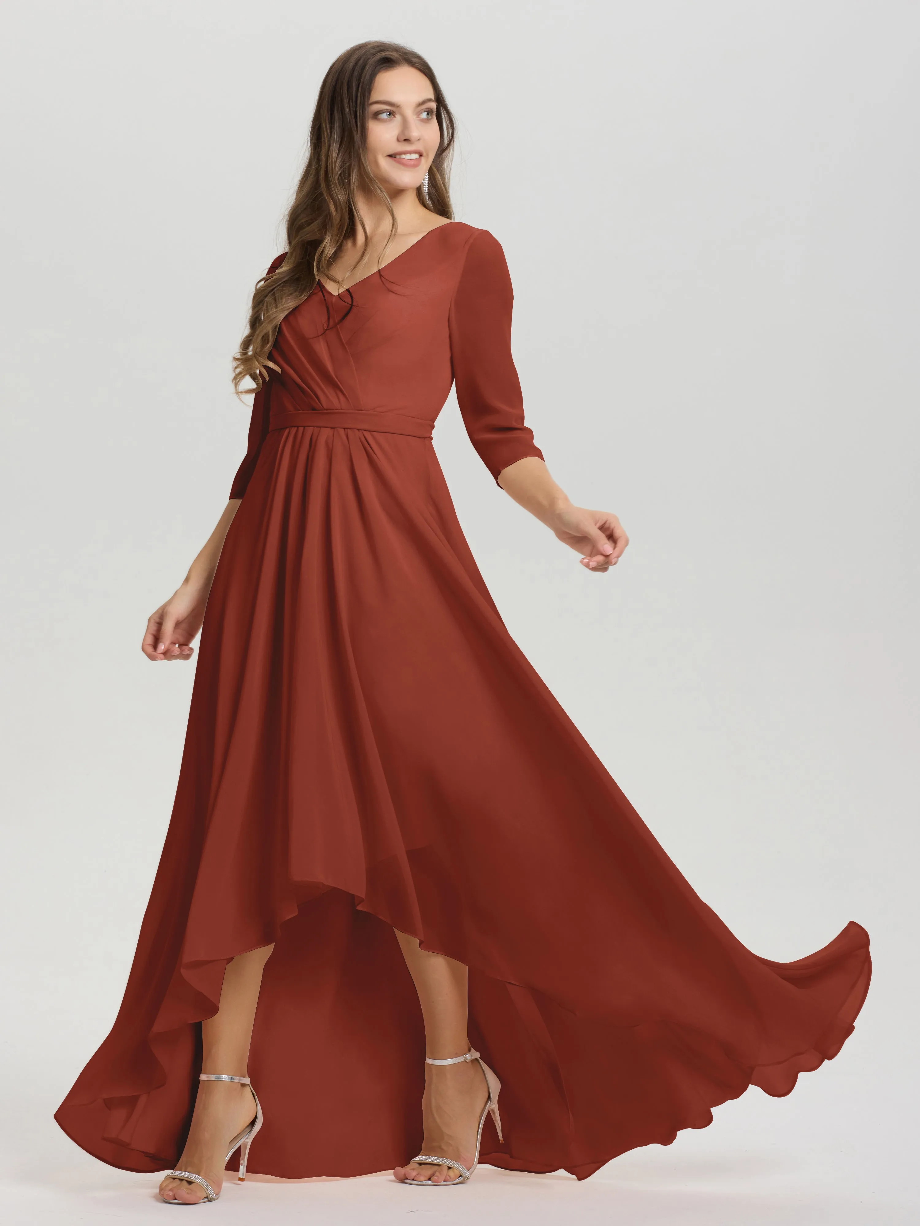 A-Line 3/4 Length Sleeves V-Neck Split Chiffon Bridesmaid Dresses