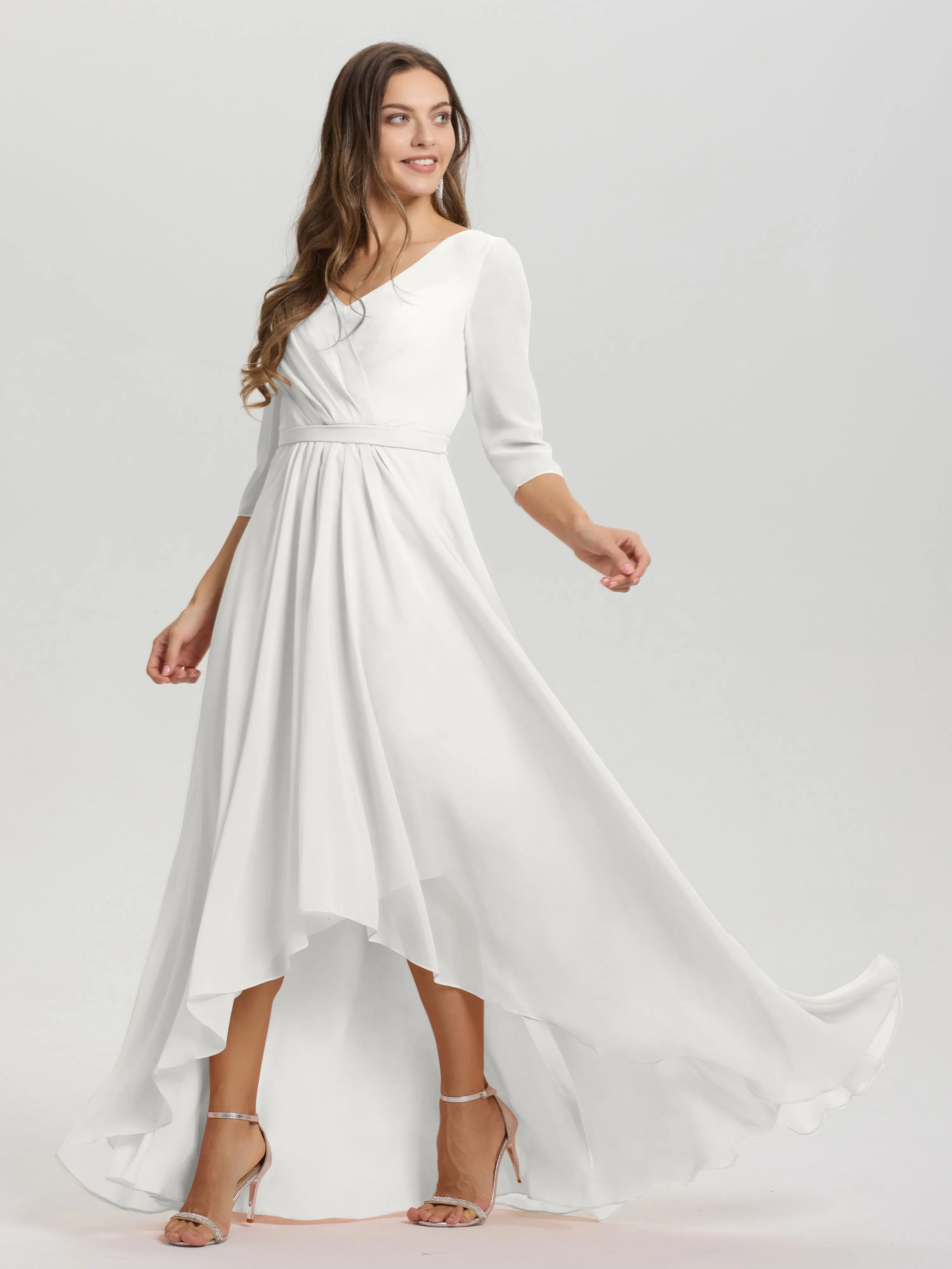 A-Line 3/4 Length Sleeves V-Neck Split Chiffon Bridesmaid Dresses