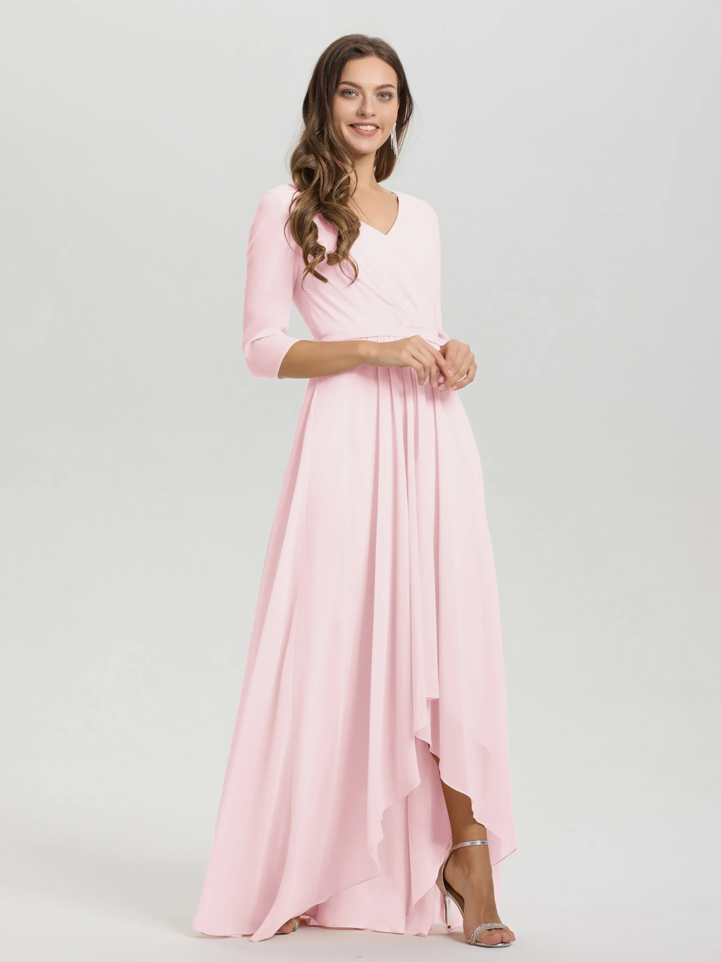 A-Line 3/4 Length Sleeves V-Neck Split Chiffon Bridesmaid Dresses