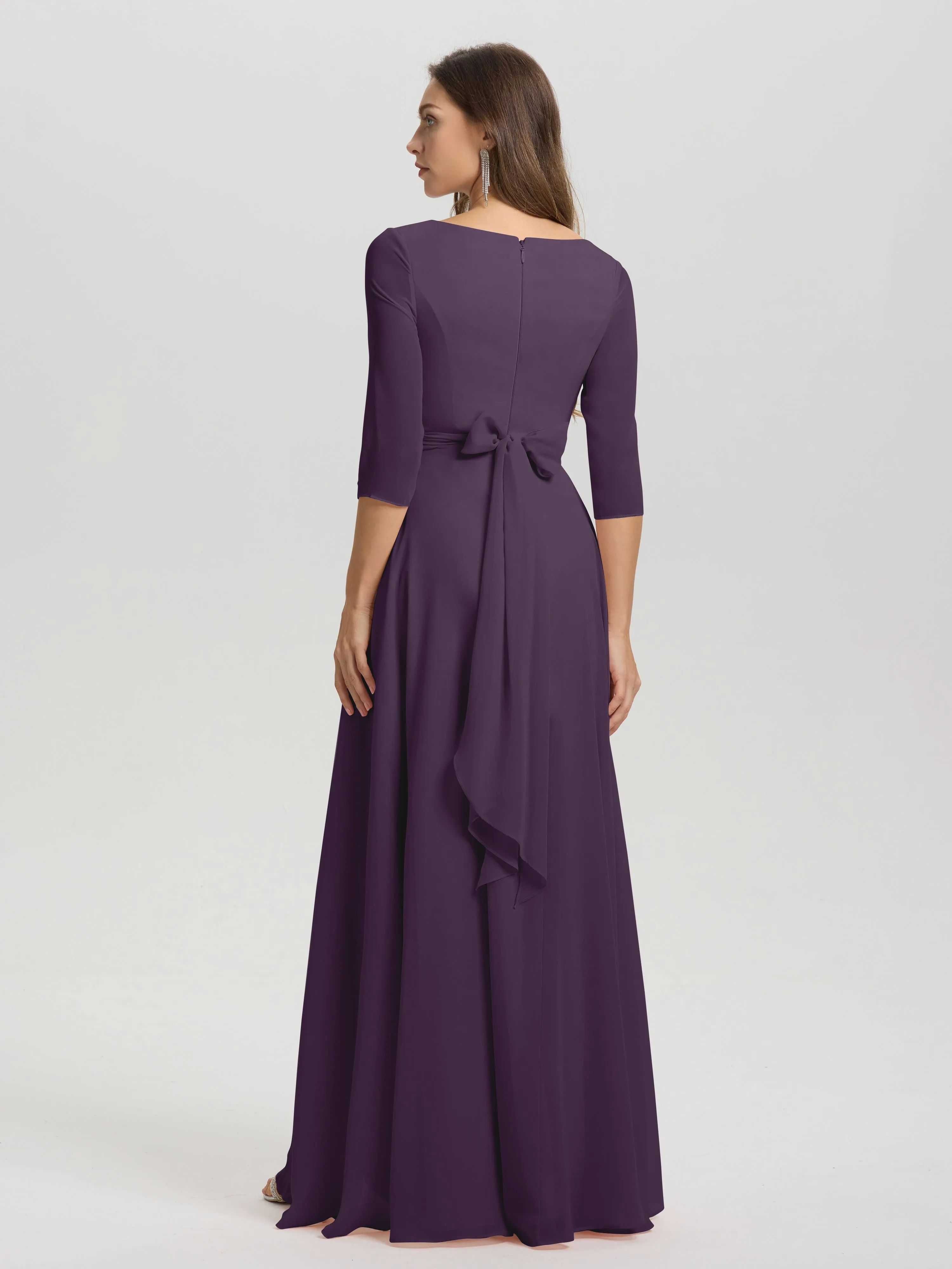 A-Line 3/4 Length Sleeves V-Neck Split Chiffon Bridesmaid Dresses