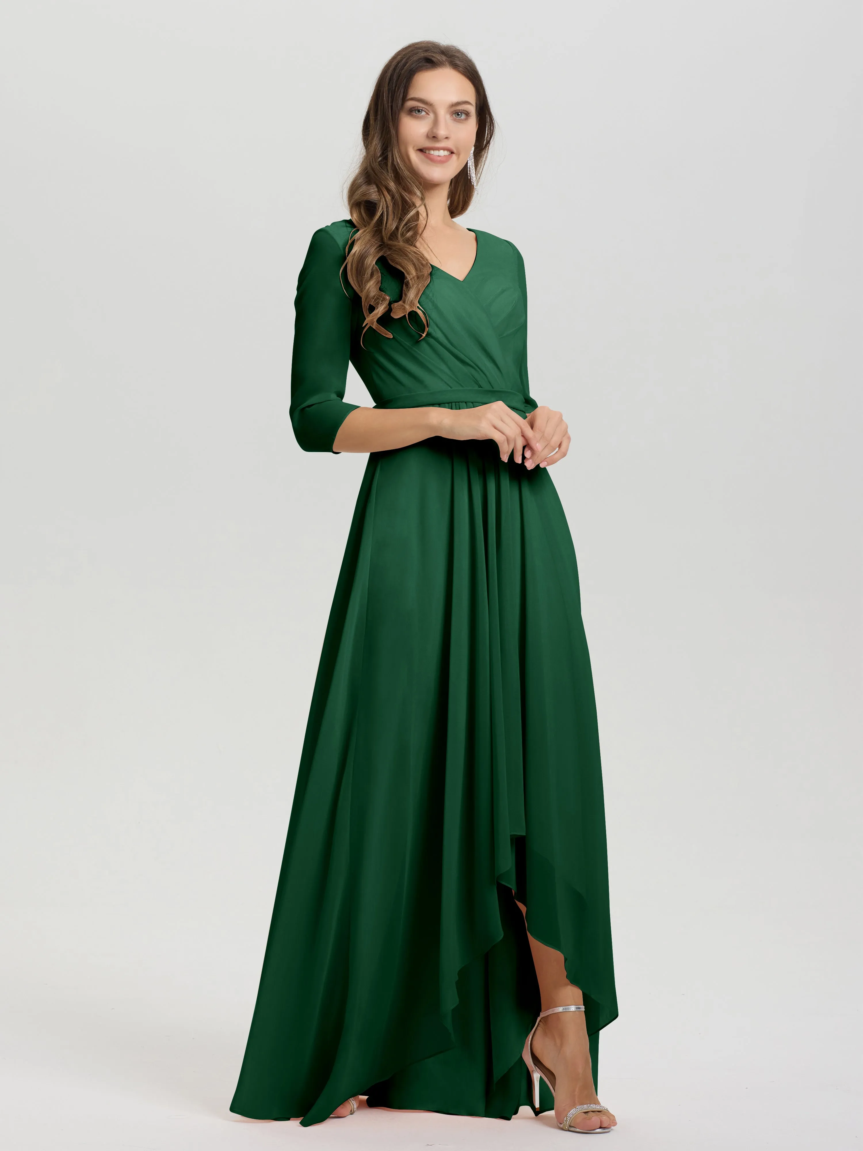 A-Line 3/4 Length Sleeves V-Neck Split Chiffon Bridesmaid Dresses