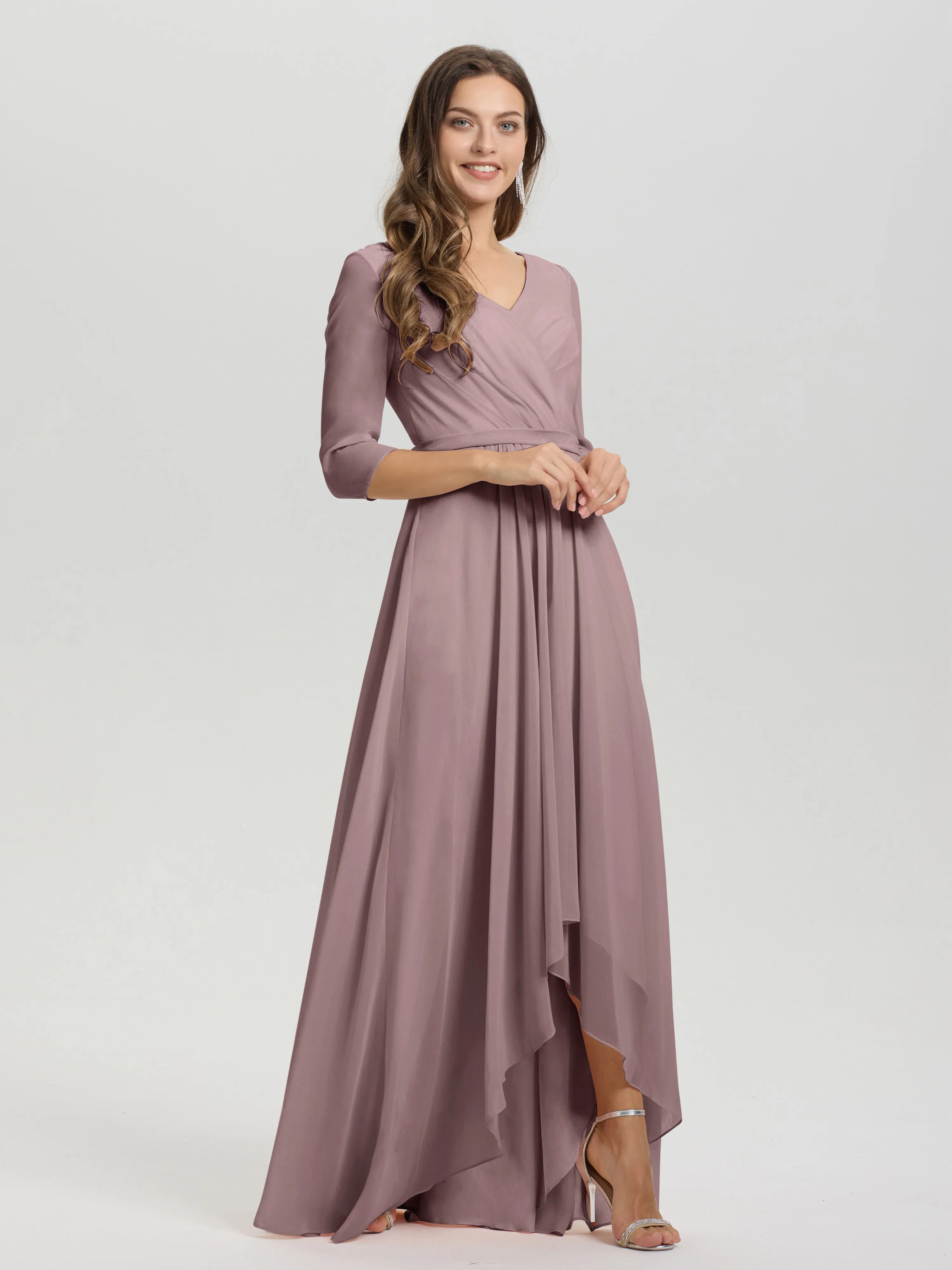 A-Line 3/4 Length Sleeves V-Neck Split Chiffon Bridesmaid Dresses