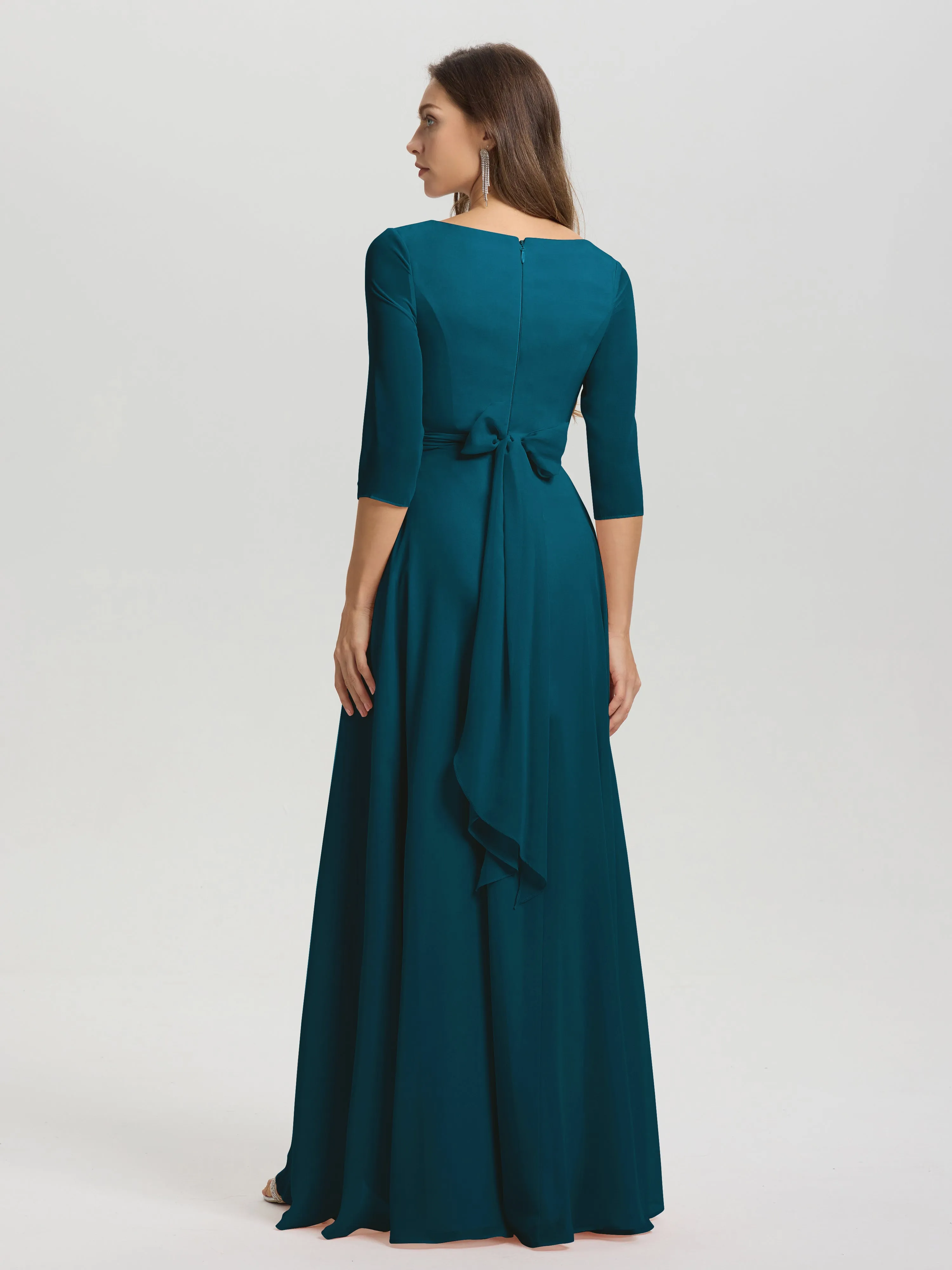 A-Line 3/4 Length Sleeves V-Neck Split Chiffon Bridesmaid Dresses