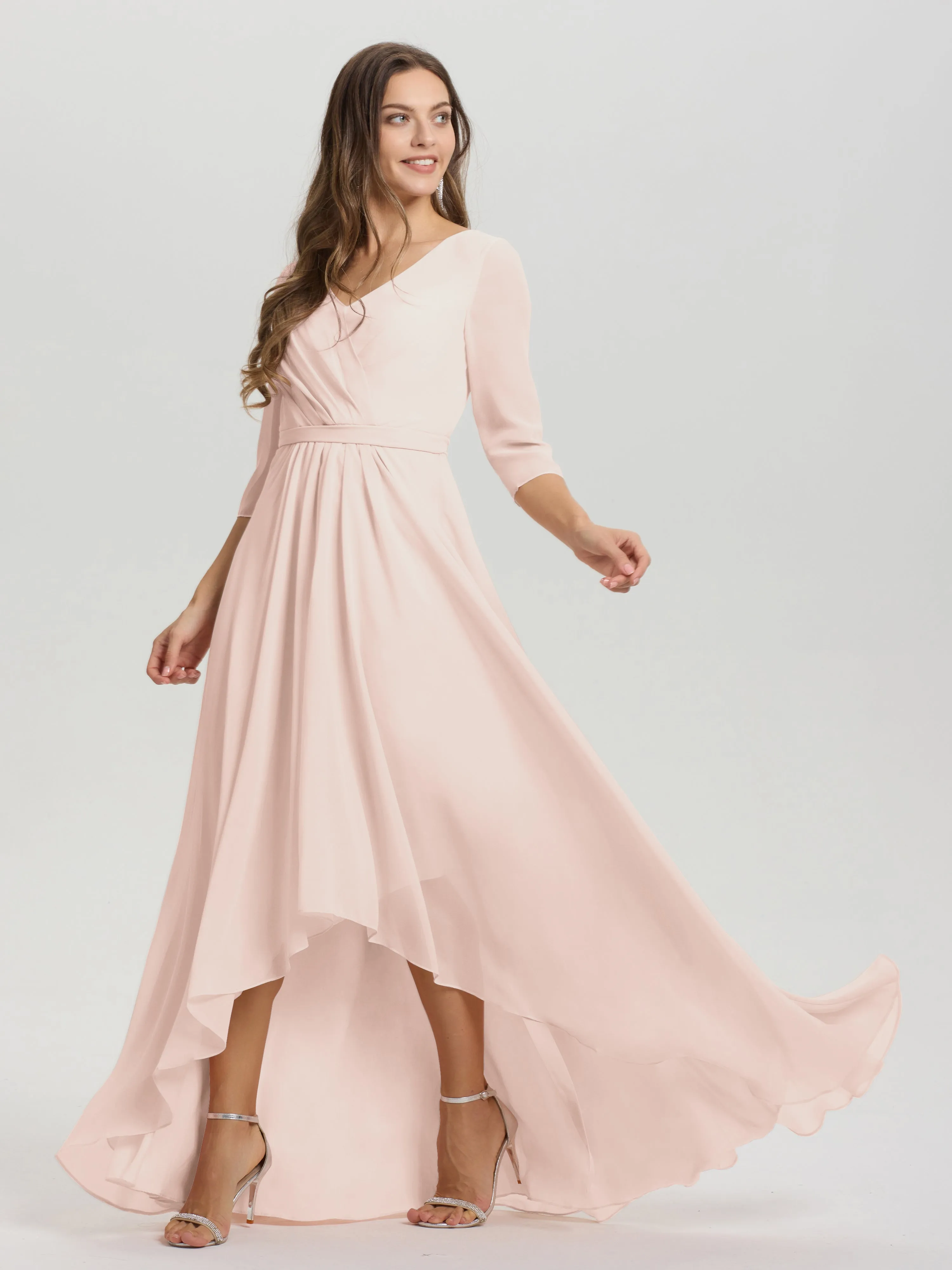 A-Line 3/4 Length Sleeves V-Neck Split Chiffon Bridesmaid Dresses