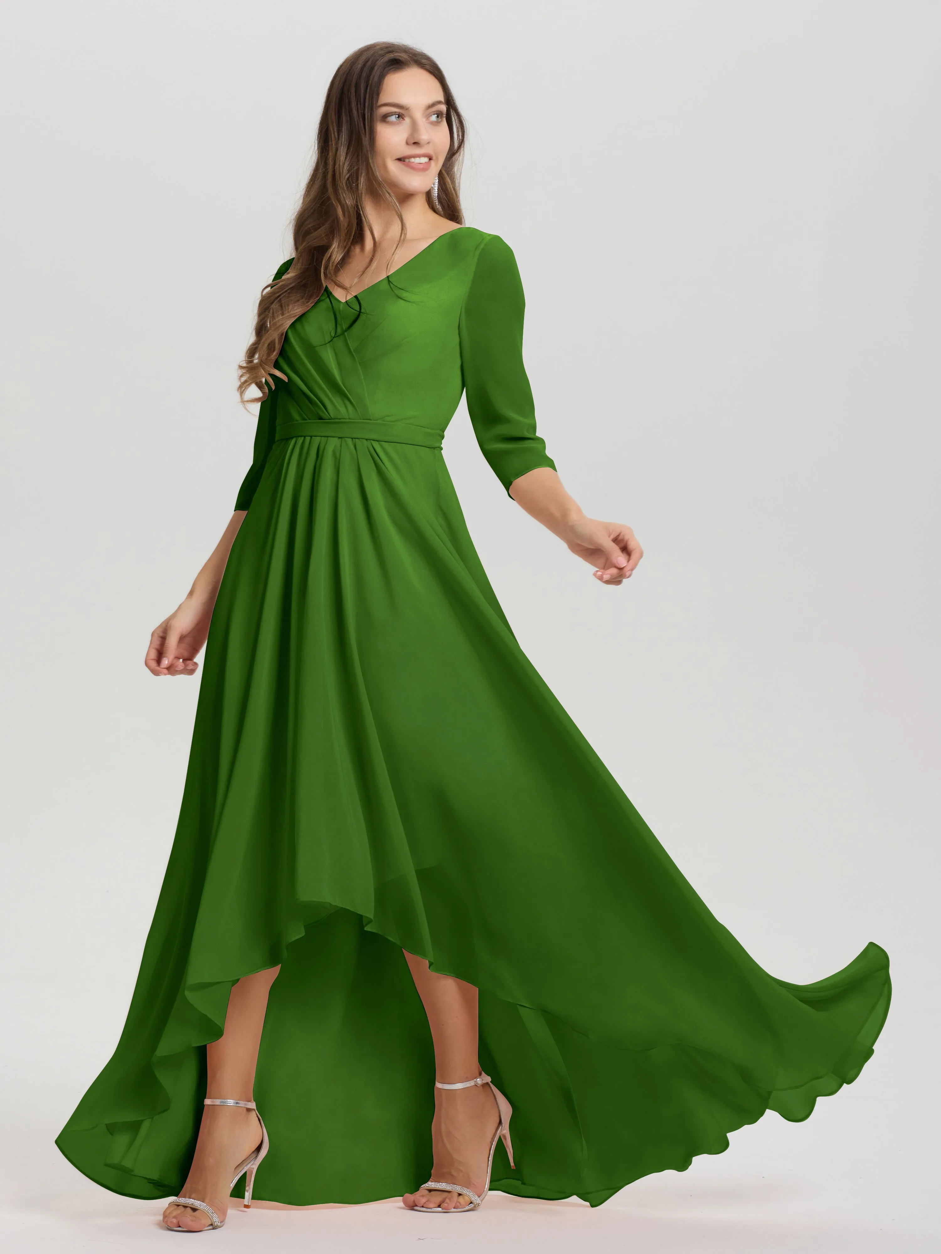 A-Line 3/4 Length Sleeves V-Neck Split Chiffon Bridesmaid Dresses