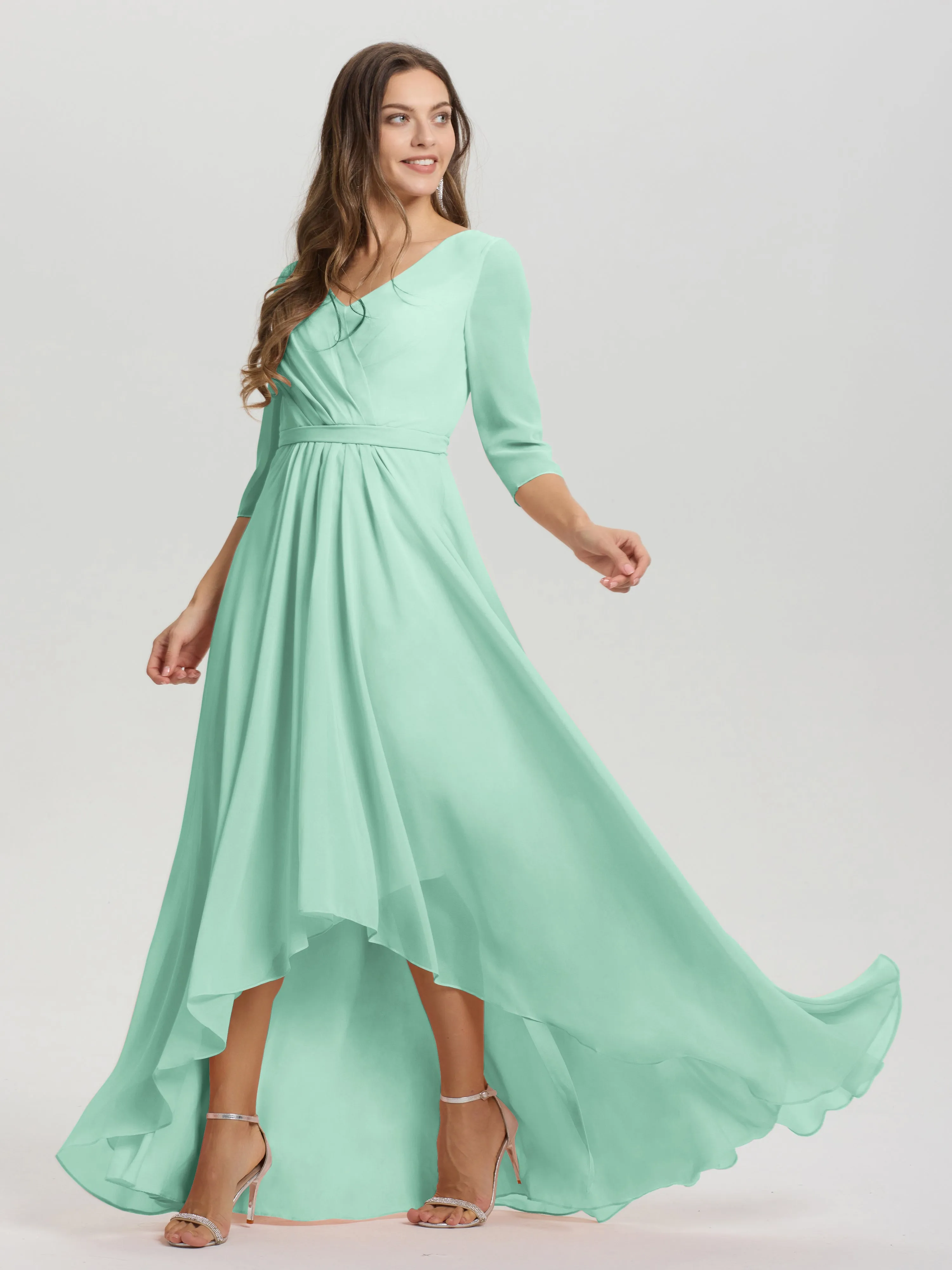 A-Line 3/4 Length Sleeves V-Neck Split Chiffon Bridesmaid Dresses